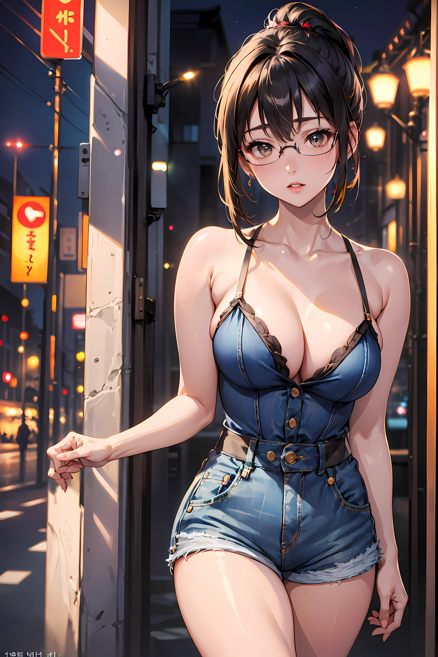 (1glasses girl:1.3, solo), (Audrey Hepburn:1.3), (a extremely pretty and beautiful Japanese woman), (sexy girl), (professional attire:1.3), (22 years old: 1.1), (walking on red carpet:1.3), (attractive random posing:1.3), (in the night royal party:1.3), (looking straight at you:1.3), (starring at you:1.3), (front view:1.3), break, (ponytail:1.3), (shiny-black thin hair:1.2), bangs, dark brown eyes, beautiful eyes, princess eyes, (big eyes:1.3), bangs, wearing a glasses:1.3, Hair between eyes, short hair:1.3, (slender:1.1), (small-medium-breasts:0.95), (thin waist: 1.15), (detailed beautiful girl: 1.4), Parted lips, Red lips, full-make-up face, (shiny skin), ((Perfect Female Body)), (upper body image:1.3), Perfect Anatomy, Perfect Proportions, (most beautiful Korean actress face:1.3, extremely cute and beautiful Japanese actress face:1.3), BREAK, (View viewer, wearing a bitch outfit, (insanely detailed yellow camisole:1.3), (denim shorts:1.3), (pin-heels:1.3), detailed clothes, BREAK, (detailed royal night party background:1.2), (dark background), (Studio soft lighting: 1.3), (fake lights: 1.3), (backlight: 1.3), BREAK, (Realistic, Photorealistic: 1.37), (Masterpiece, Best Quality: 1.2), (Ultra High Resolution: 1.2), (RAW Photo: 1.2), (Sharp Focus: 1.3), (Face Focus: 1.2), (Ultra Detailed CG Unified 8k Wallpaper: 1.2), (Beautiful Skin: 1.2), (pale Skin: 1.3), (Hyper Sharp Focus: 1.5), (Ultra Sharp Focus: 1.5), (Beautiful pretty face: 1.3), (super detailed background, detail background: 1.3), Ultra Realistic Photo, Hyper Sharp Image, Hyper Detail Image,