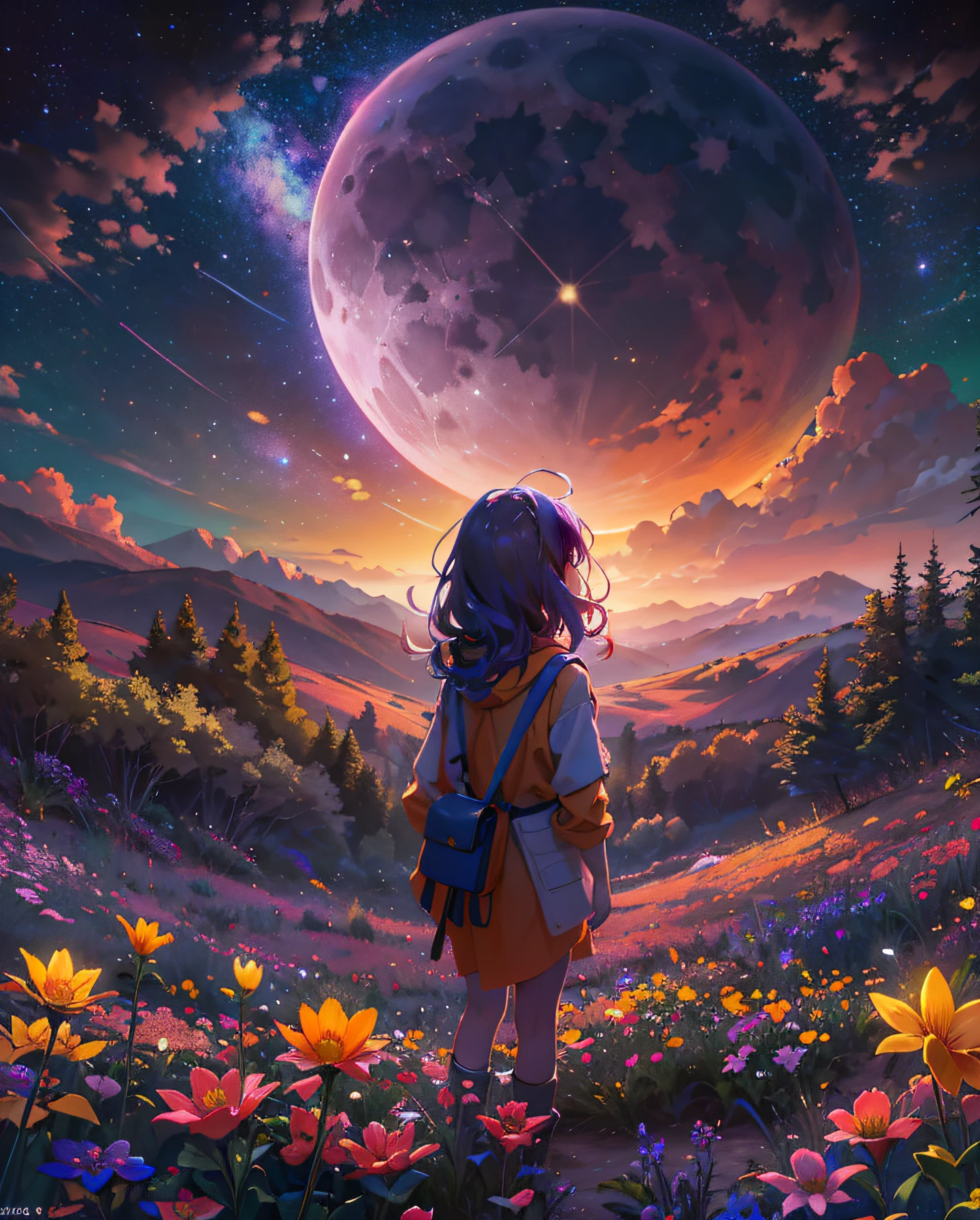 Expansive landscape photograph, (view from below with a view of the sky and wilderness below), little girl standing in a flower field looking up, (full moon: 1.2), (shooting star: 0.9), (nebula: 1.3), distant mountain, tree break production art, (warm light source: 1.2), (firefly: 1.2), lamp, purple and orange, intricate detail, volume lighting, realism break (masterpiece: 1.2) (Best Quality), 4K, Ultra-Detailed, (Dynamic Configuration: 1.4), Highly Detailed and Colorful Details, (Iridescent Colors: 1.2), (Glowing Lighting, Atmospheric Lighting), Dreamy, Magical, (Solo: 1.2)