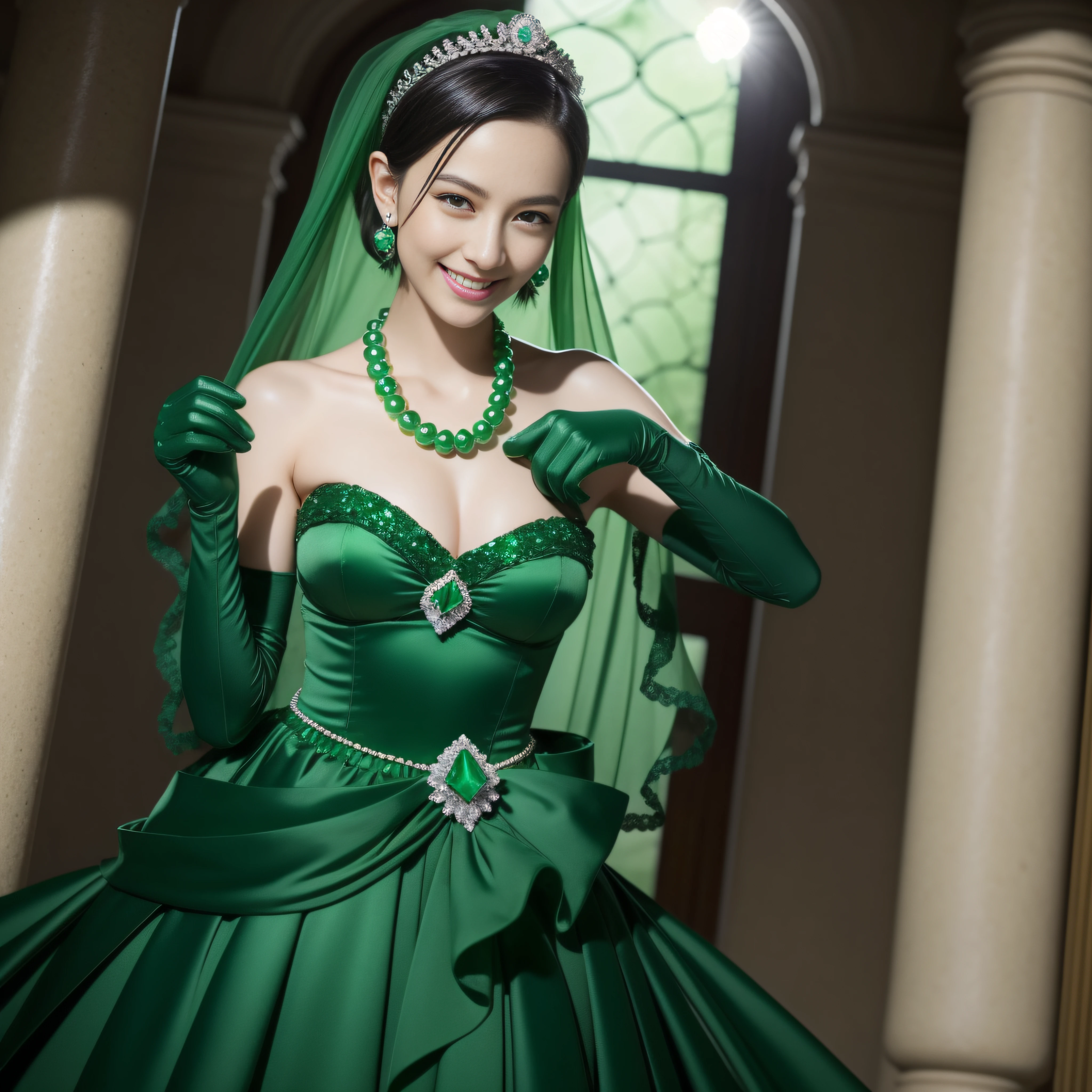 emerald tiara, Green Pearl Necklace, Boyish very short black hair, lipsticks, Japan woman smiling, very very short green hair, big breasts beautiful, Green eyes, Long green gloves made of satin material, Green eyes, Emerald earrings