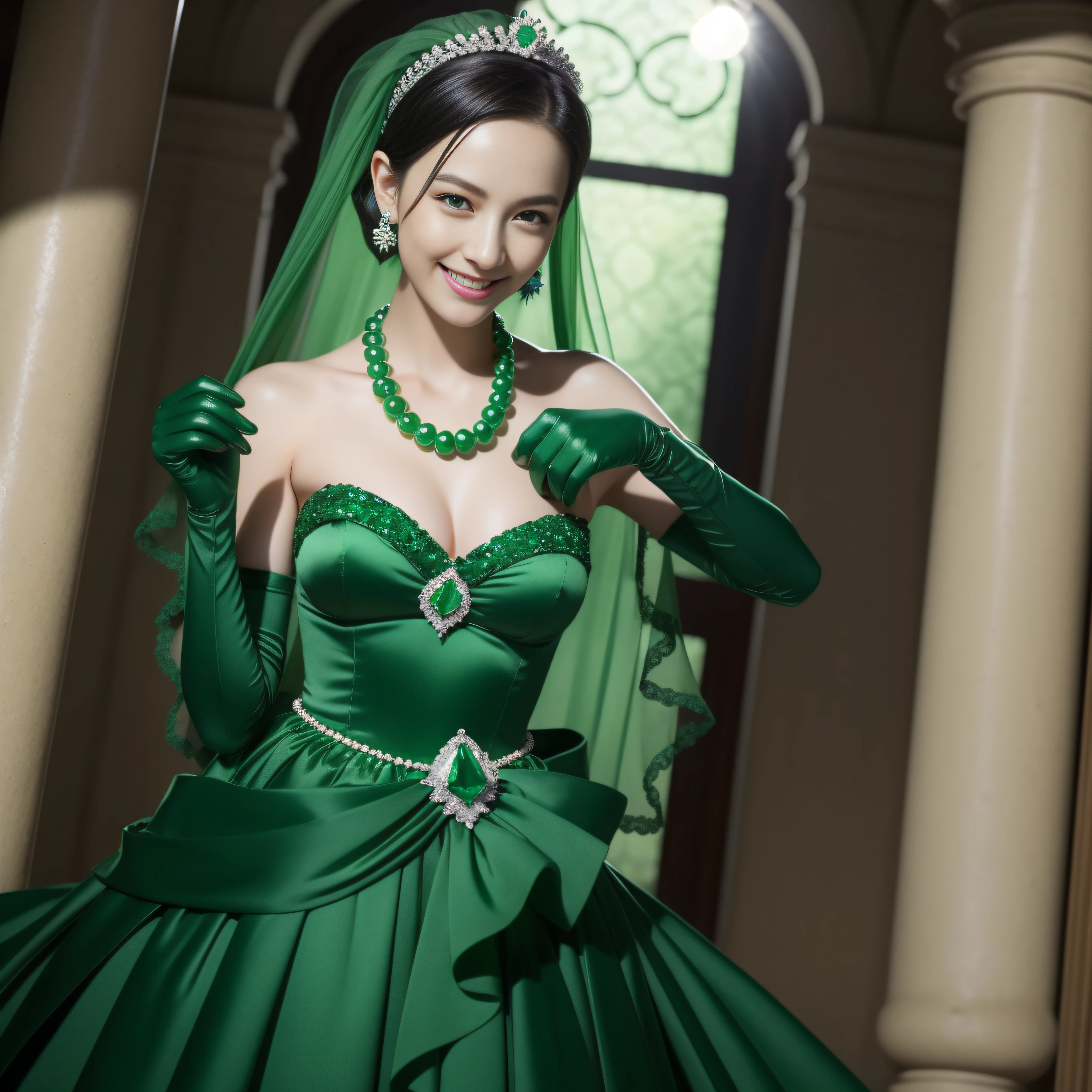 emerald tiara, Green Pearl Necklace, Boyish very short black hair, lipsticks, Japan woman smiling, very very short green hair, big breasts beautiful, Green eyes, Long green gloves made of satin material, Green eyes, Emerald earrings