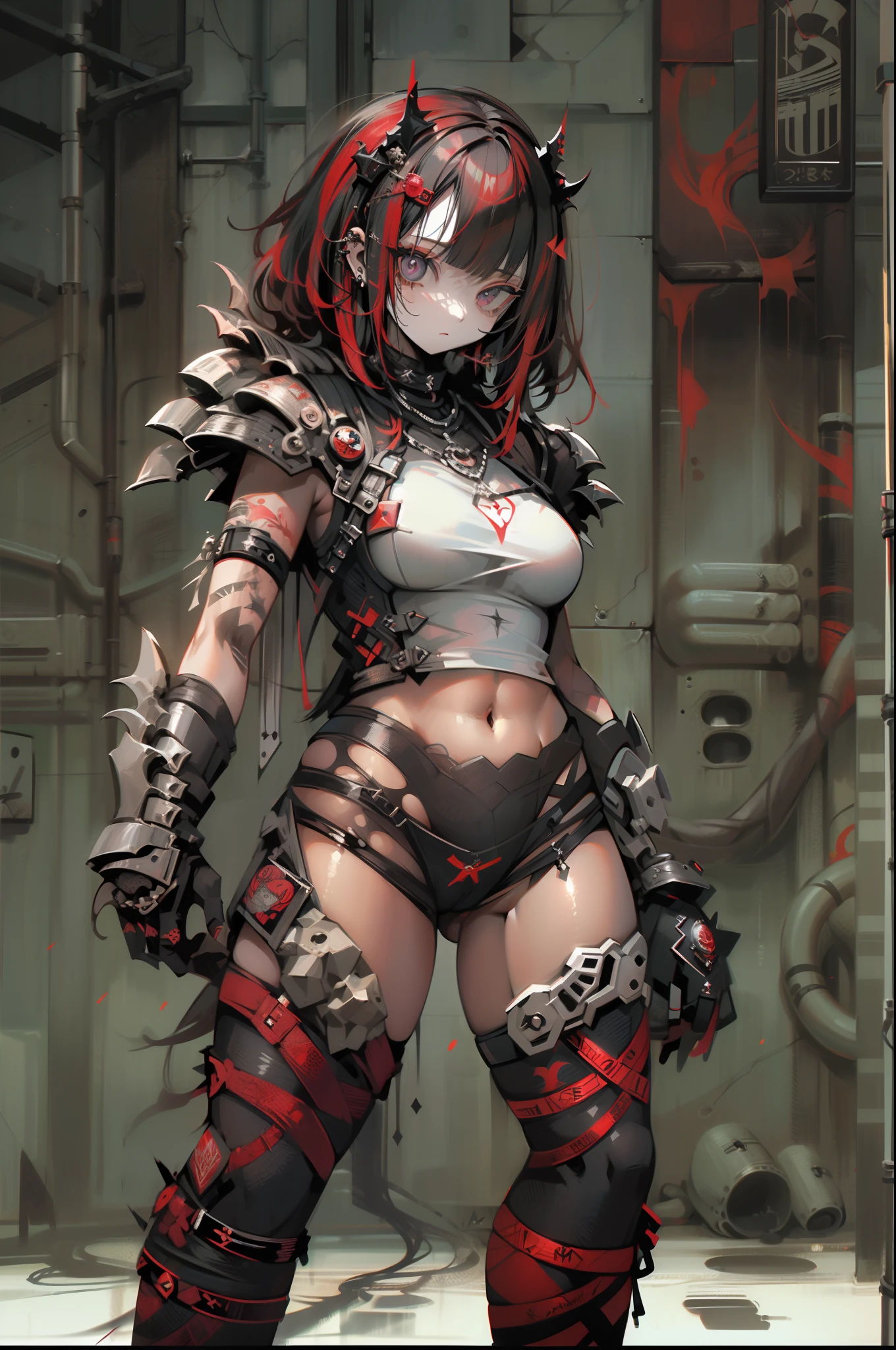 (((mulher))), (((melhor qualidade))), (((obra prima))), (((adulto))), (((1girl))), ((( corte de cabelo bob ))), Uma gladiadora cyberpunk mulher de 25 anos com corpo perfeito, shoulder pads with metal spines, Gladiadores do Brooklyn, (( corte de cabelo bob )), tiny leather panties, camiseta de time de rugby rasgada, quase nua no estilo selvagem urbano de Simon Bisley para a capa da revista Heavy Metal, Cabelo loiro curto, Minimum clothing, Metal protection on the left arm with intricate graphics, Dark red with white stars and white and violet checkerboard pattern, armadura, cheio de pontas e rebites, (((do joelho pra cima))), cabelos loiro branco curto, no fundo uma parede pintada por Shepard Fairey com um design intrincado