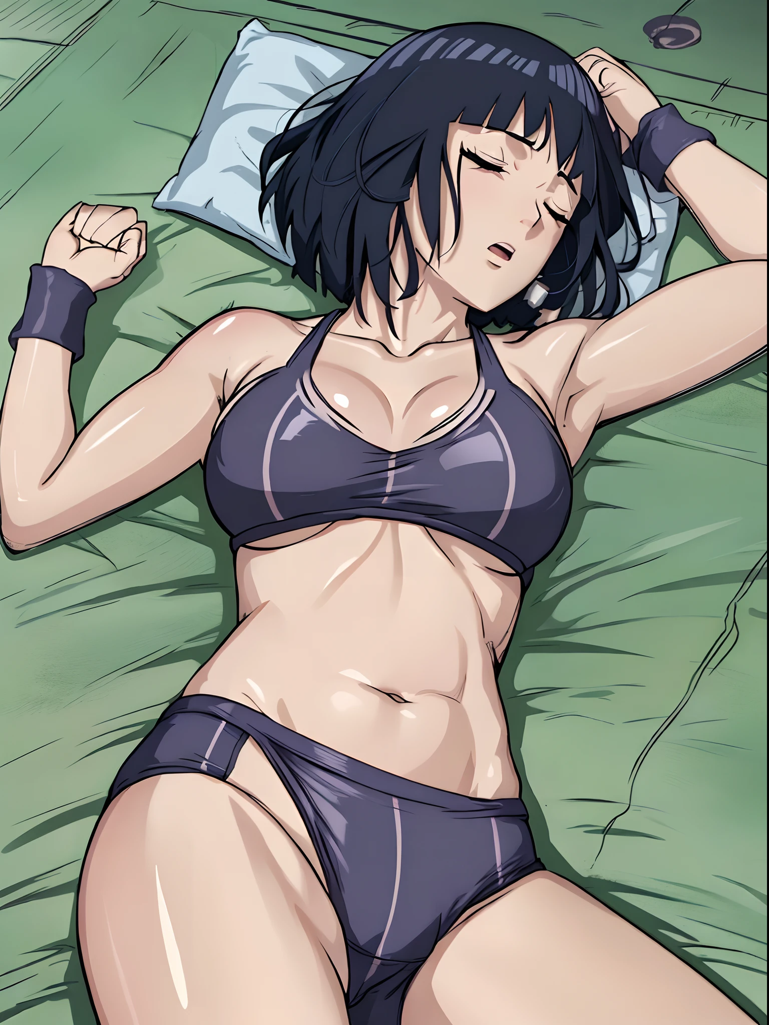 (left side view), (armpit), (ultra detailed body, ultra detailed face), ((solo)), anime style, hires, ((yellow ground)), (hinata\(boruto\), (female wrestler), (slender body, broad shoulders), mature woman, milf, (black bikini, ultra detailed pro wrestling gear), victorious, gorgeous, winner, (moaning , open mouth), (pale skin, shiny skin, lighting and shadow), (dark blue hair color:1.1), wavy hair, ((short hair, hime cut, floating hair), big breasts, ((leaning against ground, lying on back, sleeping on ground, out cold, unconscious, folded knee)), (long belly), (closed fists, head tilt), seductive