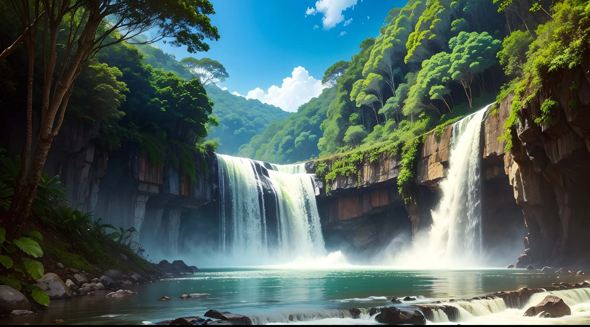 cachoeira, lots of water, real, floresta, plantas, beautiful sky without clouds, animais no bosque