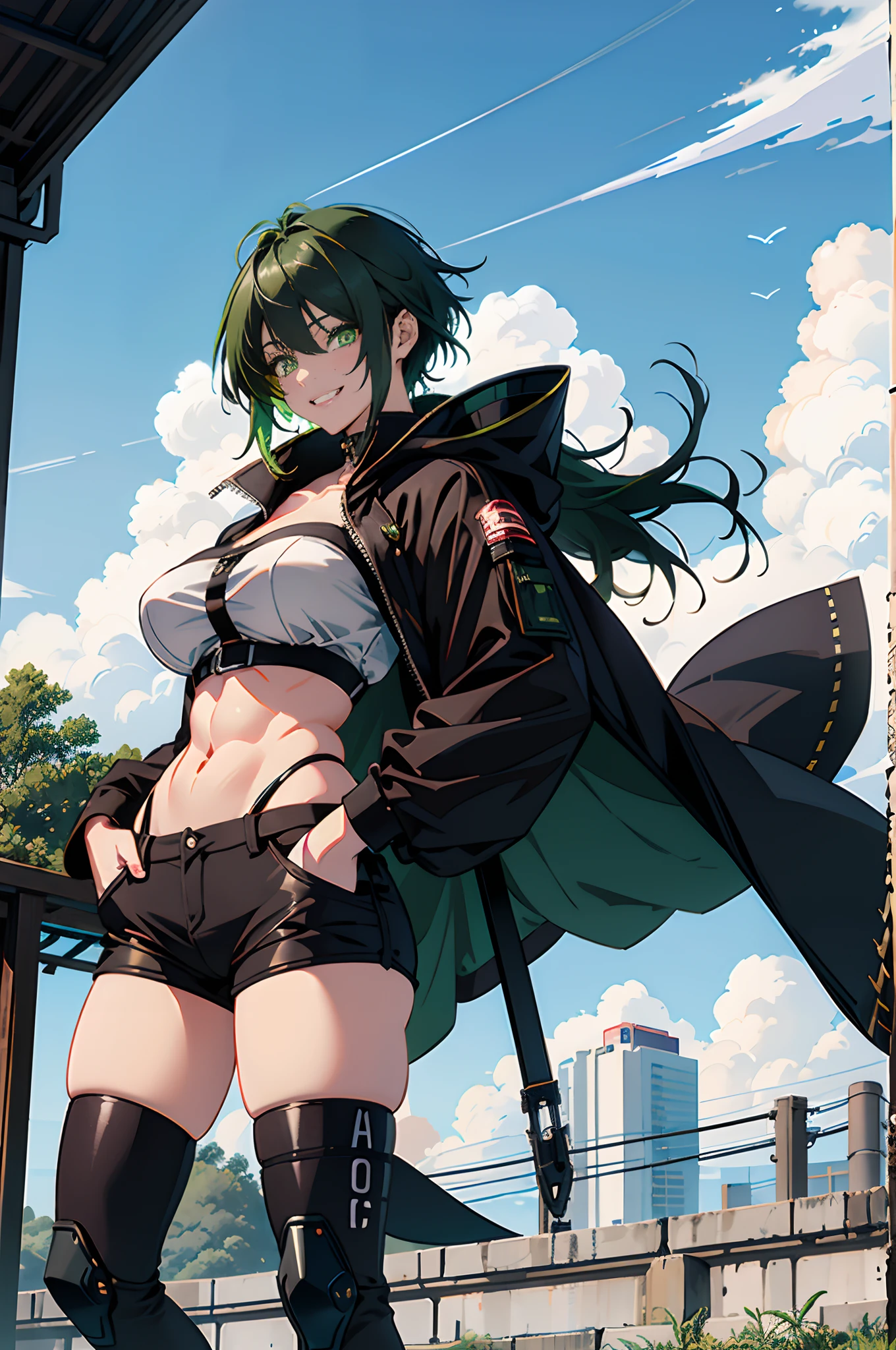 Pure sky，mechanical leg，Black mechanical legs，Plump legs，Green gem setting，Anime girl standing gracefully on the ground，Black cape and green hair, rogue anime girl, Anime girl standing, Wearing a cloak on the blasted plain, asuka suit under clothes!, Cyborg girl, badass posture, mechanic punk outfit, anime styled 3d, render of a cute 3d anime girl, gapmoe yandere grimdark, Female character，musculature，Abs，Glowing green eyes，Black hair with green gradient，short detailed hair，Bunched hair，Dull hair，（Muscle 2.0），Tomboyish，Be red in the face，looking at viewert，Elaborate Eyes，Black mechanical legs，huge tit，1.5，Put your hands in your pockets，ssmile，robotic hand，blacksilk，Straight big breasts，strappy，Black openwork hot pants，White bandeau，grinning smile，A toothless smile，Lower breast，