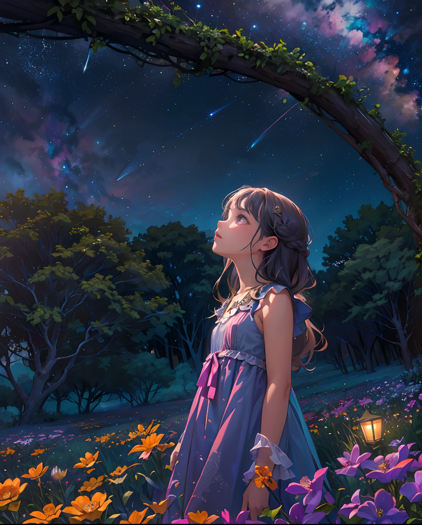 Expansive landscape photograph, (view from below with a view of the sky and wilderness below), little girl standing in a flower field looking up, (full moon: 1.2), (shooting star: 0.9), (nebula: 1.3), distant mountain, tree break production art, (warm light source: 1.2), (firefly: 1.2), lamp, purple and orange, intricate detail, volume lighting, realism break (masterpiece: 1.2) (Best Quality), 4K, Ultra-Detailed, (Dynamic Configuration: 1.4), Highly Detailed and Colorful Details, (Iridescent Colors: 1.2), (Glowing Lighting, Atmospheric Lighting), Dreamy, Magical, (Solo: 1.2)