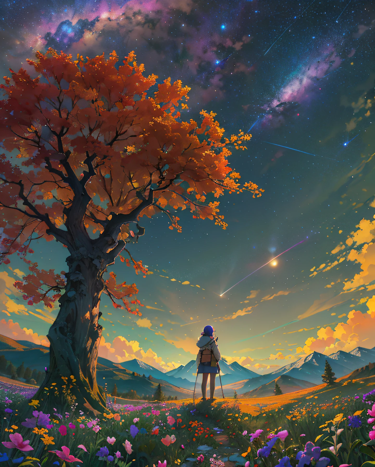 Expansive landscape photograph, (view from below with a view of the sky and wilderness below), standing in a flower field looking up, (full moon: 1.2), (shooting star: 0.9), (nebula: 1.3), distant mountain, tree break production art, (warm light source: 1.2), (firefly: 1.2), lamp, purple and orange, intricate detail, volume lighting, realism break (masterpiece: 1.2) (Best Quality), 4K, Ultra-Detailed, (Dynamic Configuration: 1.4), Highly Detailed and Colorful Details, (Iridescent Colors: 1.2), (Glowing Lighting, Atmospheric Lighting), Dreamy, Magical, (Solo: 1.2)