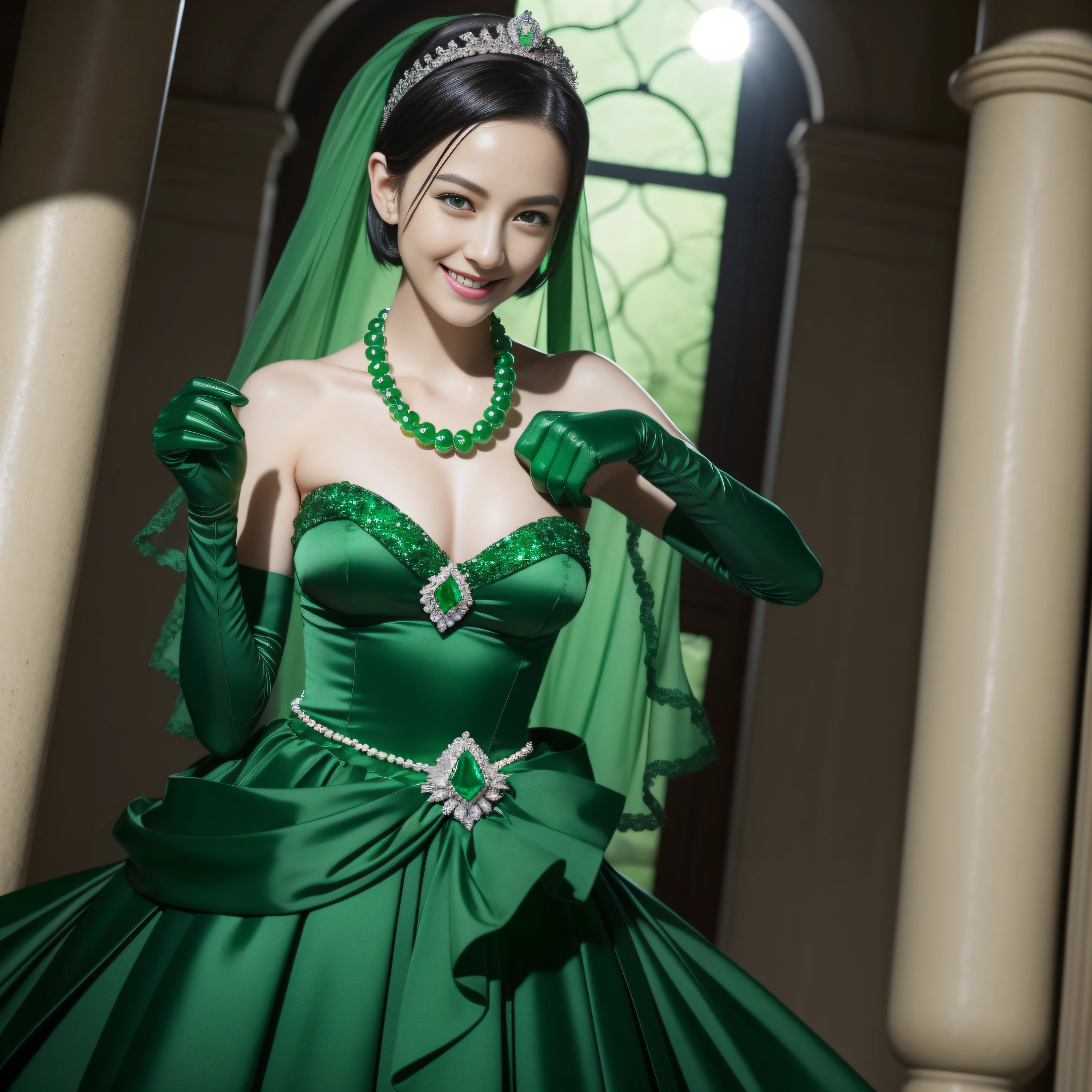 emerald tiara, Green Pearl Necklace, Boyish very short black hair, lipsticks, Japan woman smiling, very very short green hair, big breasts beautiful, Green eyes, Long green gloves made of satin material, Green eyes