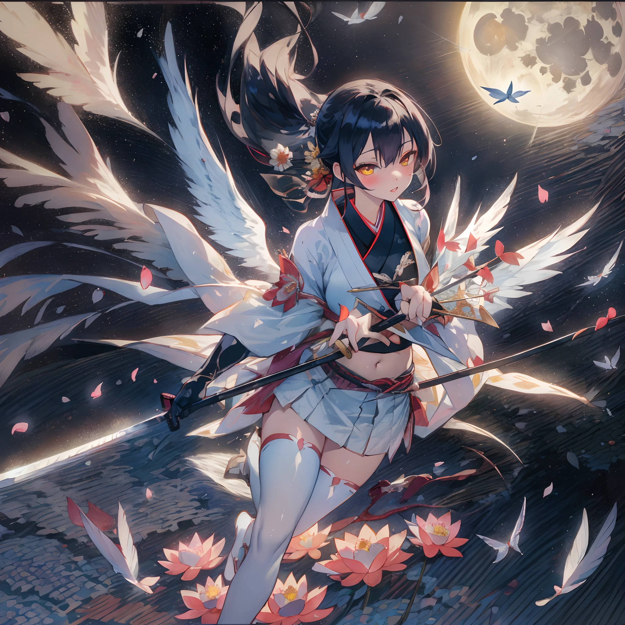 Japanimation,
(((eroge))),
Japanese scene, Japanese composition,
1female,solo,illustration,
cinematic composition,delicate composition,dynamic angle,
perfect anatomy,full body,
shrine,petals,
black hair,ponytail,blue eyes,
samurai,(Japanese armor,kusazuri,dou,kote:1.3),
weapon,katana,Blade,holding katana aimed at oppenent,
an extremely beautiful lady holds the hilt of a sword with both hands,
1 handguard,
1 katana,
black eyes,
an extremely detailed katana,
16k, extremely high level illustration ,an extremely beautiful lady, extremely and highly detailed beautiful face and eyes, look of nobility and dignity,soft and warm lighting, beautiful detailed girl, (((masterpiece))), best quality, extremely detailed, fantasy lighting, beautiful detailed glow, {beautiful detailed eyes}, solo, flower, white flower, Japanese long Kimono style, looking up, breasts, hair ornament, hair over one eye, long hair, red eye, yellow eye, petals, black flower, rose 1girl, blue rose, bouquet, cleavage, falling leaves, falling petals, glint, gloves, high heels, leaves in wind, moon, petals on liquid, rose, rose petals, sparkle, thighhighs, Two-tone hair, butterfly, daisy, flower (symbol), lily (flower), lily pad, lotus, medium breasts, snowflakes, star (symbol), very long hair, white butterfly, white rose, flower 1girl, feathers, white legwear, black rose, navel, angel, angel wings, asymmetrical wings, cross, feathered wings, halo, heterochromia, multiple wings, spread wings, wings, jewelry, 1girl, aurora, constellation, galaxy, gauntlets, light particles, ight, night sky, shooting star, sky, starry sky, starry sky print, boots, floating hair, full moon, polearm, groin 1girl, winged arms, city lights, cloud, midriff, moonlight, blush, large wings, multicolored wings, nail polish, tail feathers, thigh gap, diffraction spikes, lens flare, light rays, parted lips, sparkling eyes, sparks, torn clothes, an extremely beautiful detailed city, Two-tone feathers, Two-tone wings, Medieval Europe