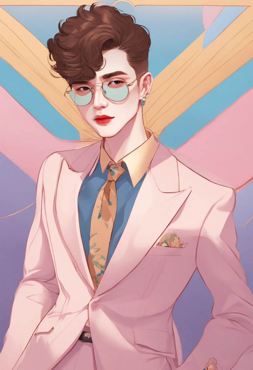 um homem, in a dynamic pose wearing an expensive and elegant outfit, projetado por Gucci::3, Tumblr, inspirado no estilo Yanjun Cheng, arte digital, internet boy lofi meme, Trend in Dezeen, catalog photo, 3 d render bipe, Rhats e Lois van Baarle, Cartoon style illustration, bright pastel colors, a beautiful artwork illustration, Retro anime boy --AR 2:3 --q 2