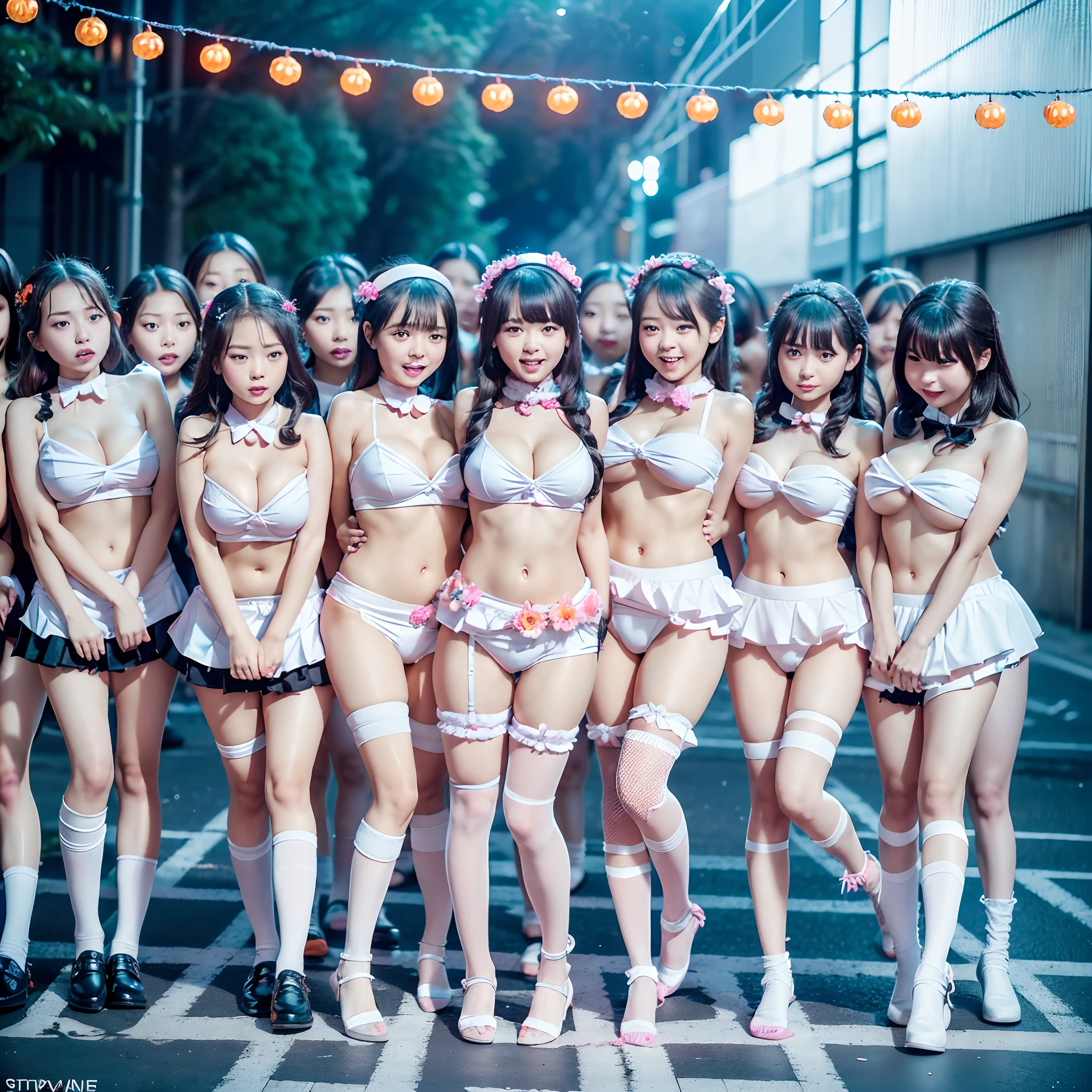 (((SFW, 11 Tiny Girls in a row:1.2, Shibuya Hachiko-mae scramble crossing on Halloween:1.2))), (masterpiece:1.2, best quality, photorealistic:1.37), {(Standing Full Body:1.2)|(from below:1.2)}, short silver hair, {School Uniform|naked bandage|tutu}, (Detailed KAWAII face, Detailed Oily Porcelain skin), {Bustling street|(Passerby girls)| halloween| neon}, {(Childish:1.2|Gigantic Cleavage:1.37|Underboob:1.2)}, {flower wreath|Red leather high collar}, {Floating hair|Strong wind|Ass focus},{:p|:d|laugh|sparkle|joyful|delighted},