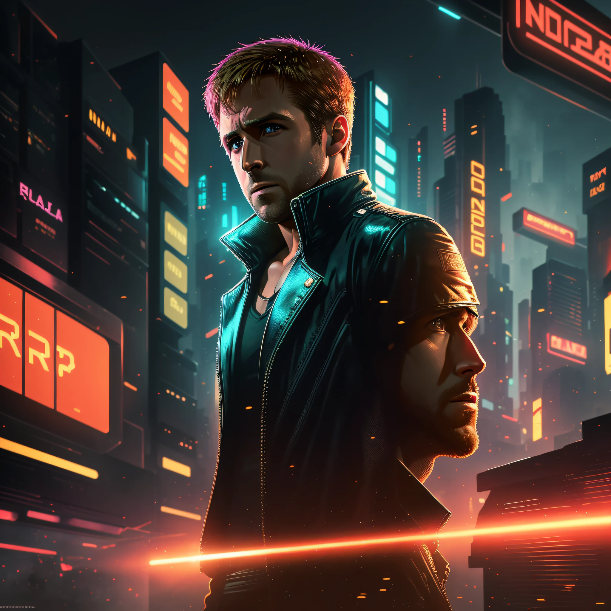 Masterpiece, 8K quality, an amazing desktop wallpaper based on Blade Runner 2049 movie, Ryan Gosling as the main character, high resolution, background inspired from movie scenes of Blade Runner 2049 --auto --s2