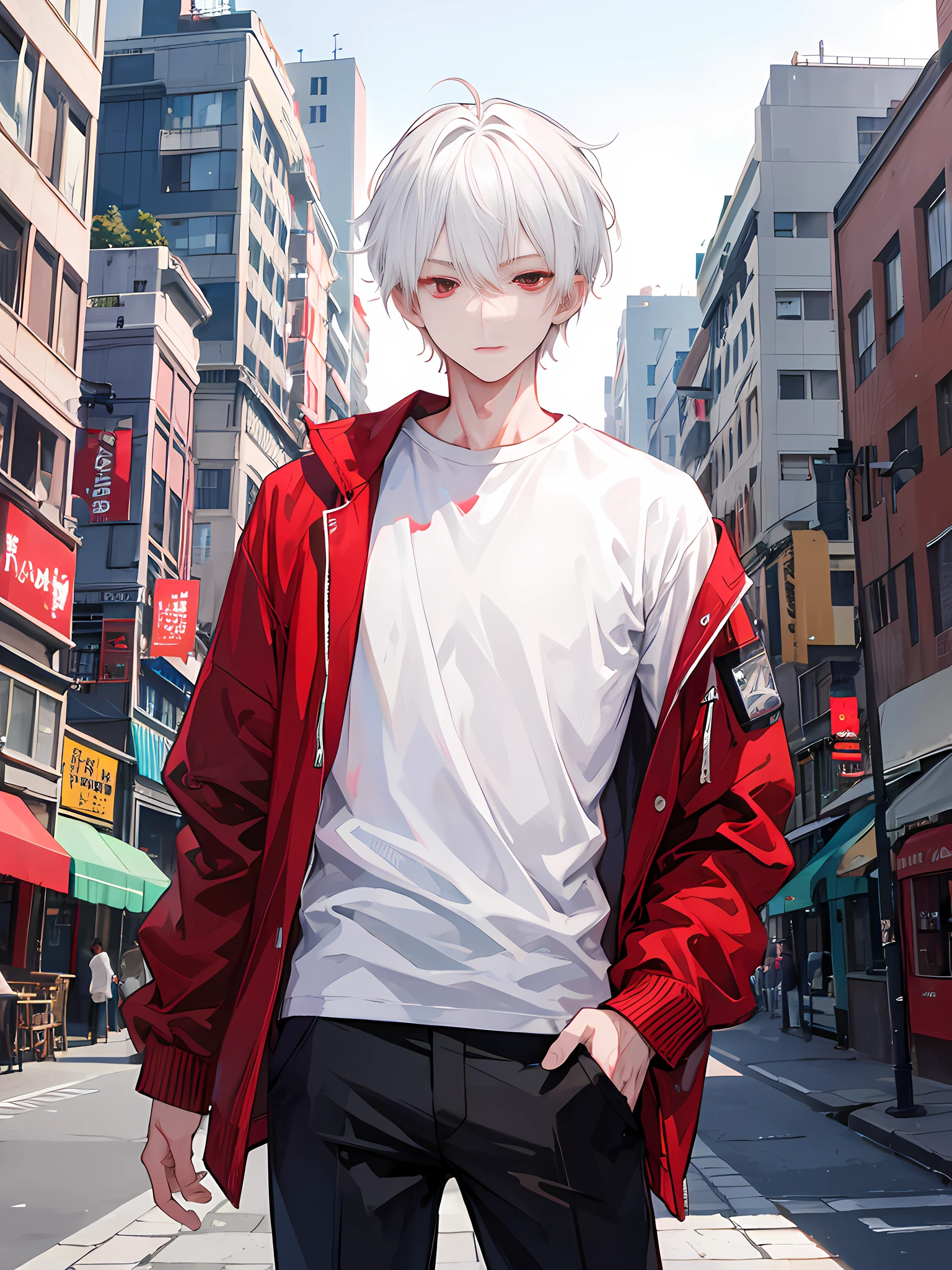 1boy, short white hair, Red eyes, wearing casual clothes, city, high res, ultrasharp,8k, masterpiece, looking at viewer, handsome