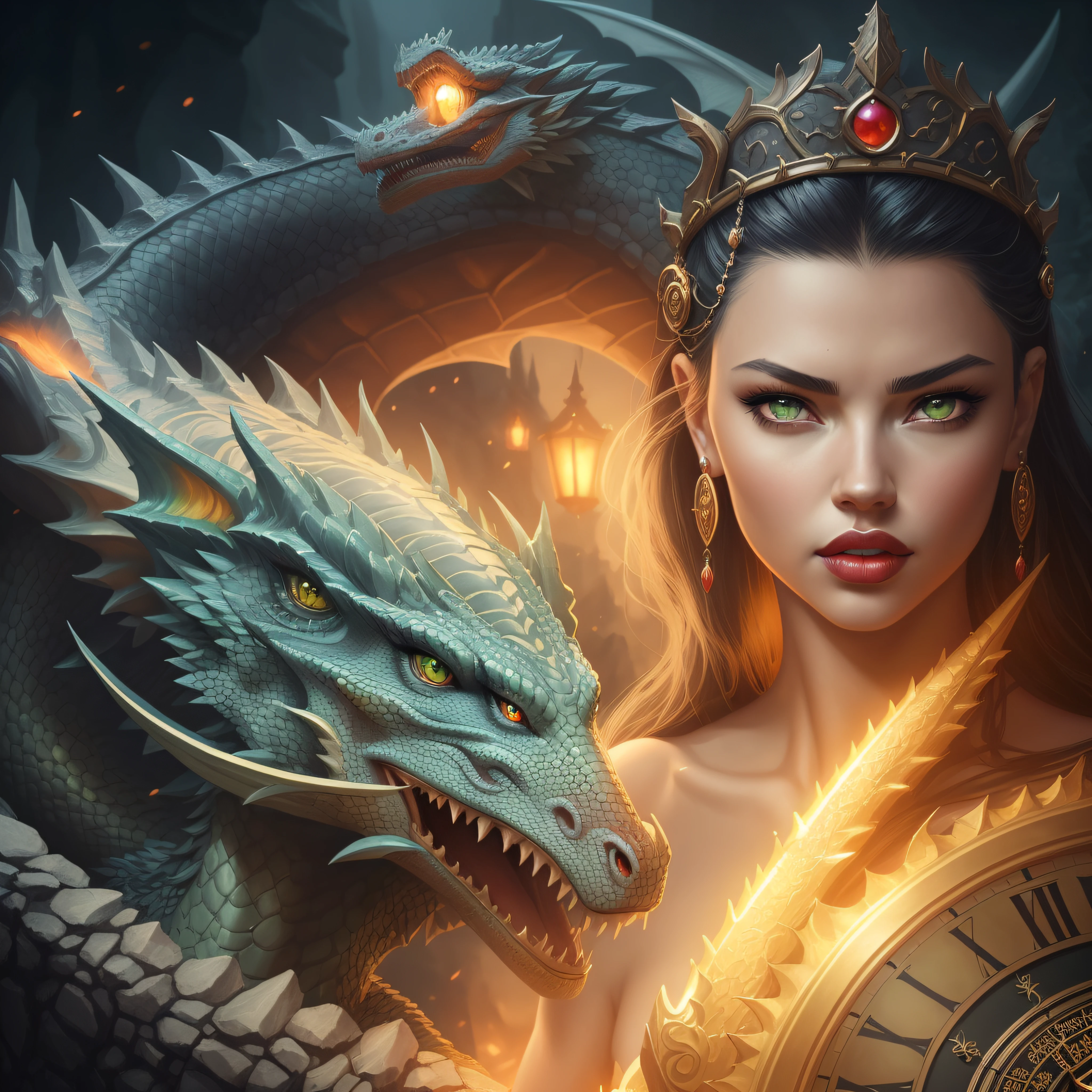 there is a woman (Adriana Lima :1.1) red lips, green eyes with a dragon and a clock in her hand, the dragon girl portrait, fantasy art behance, epic fantasy digital art style, epic fantasy art portrait, fantasy art portrait, epic fantasy art style hd, epic fantasy art style, queen of dragons, realistic fantasy illustration, trending digital fantasy art, beautiful fantasy art portrait, detailed matte fantasy portrait