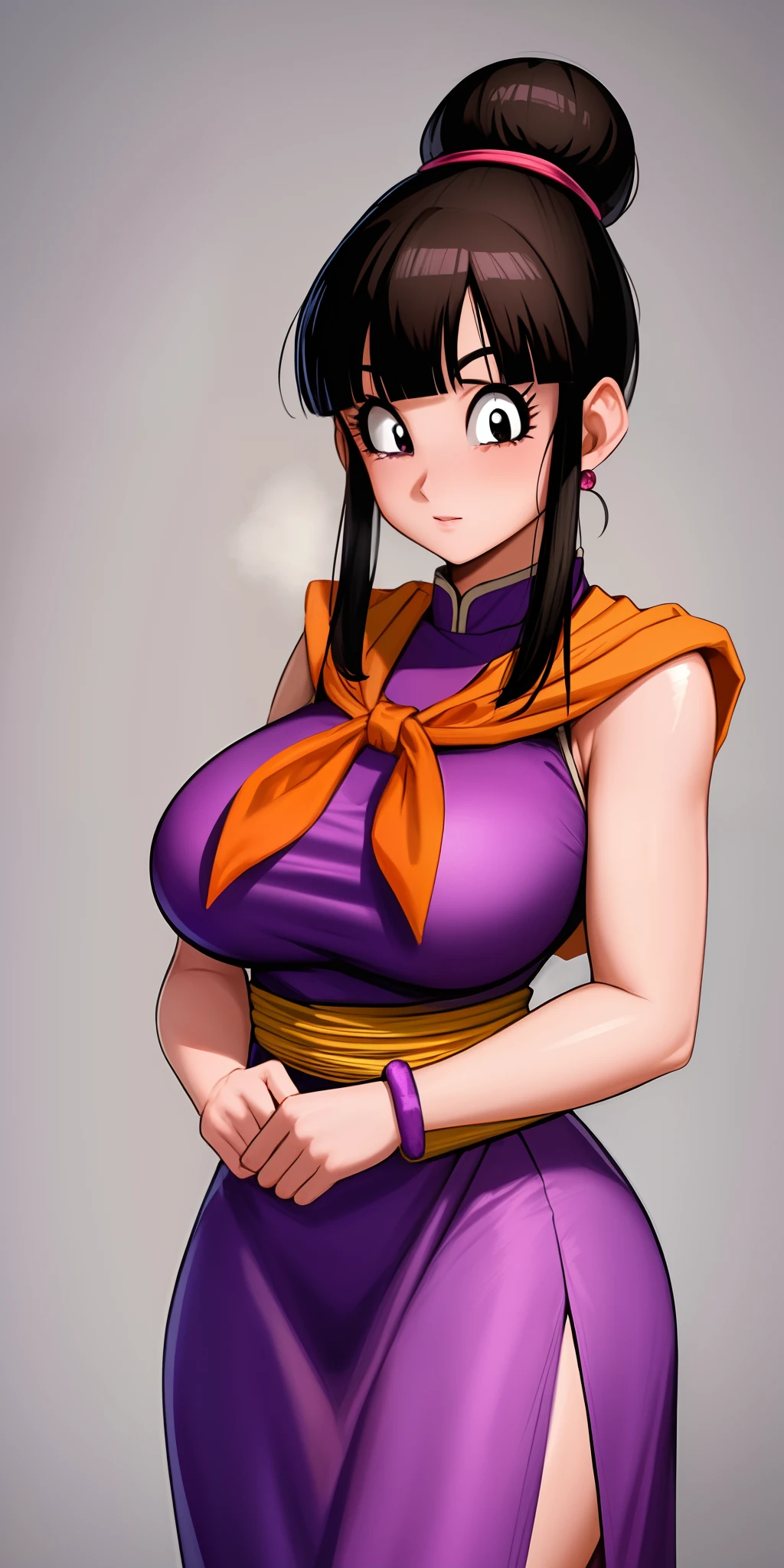 Super detailed face, Super detailed body, seductive body, chichi_dbz, standing, solo, large_breasts, Chichi_Bikini_Armor, masterpiece, best quality, detailed face, detailed eyes, highres, Slingshot, Super tight slingshot, pointy breasts