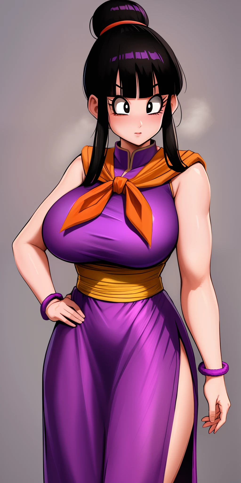 chichi_dbz, standing, solo, large_breasts, Purple_Dress_Orange_Neckerchief, masterpiece, best quality, detailed face, detailed eyes, highres,