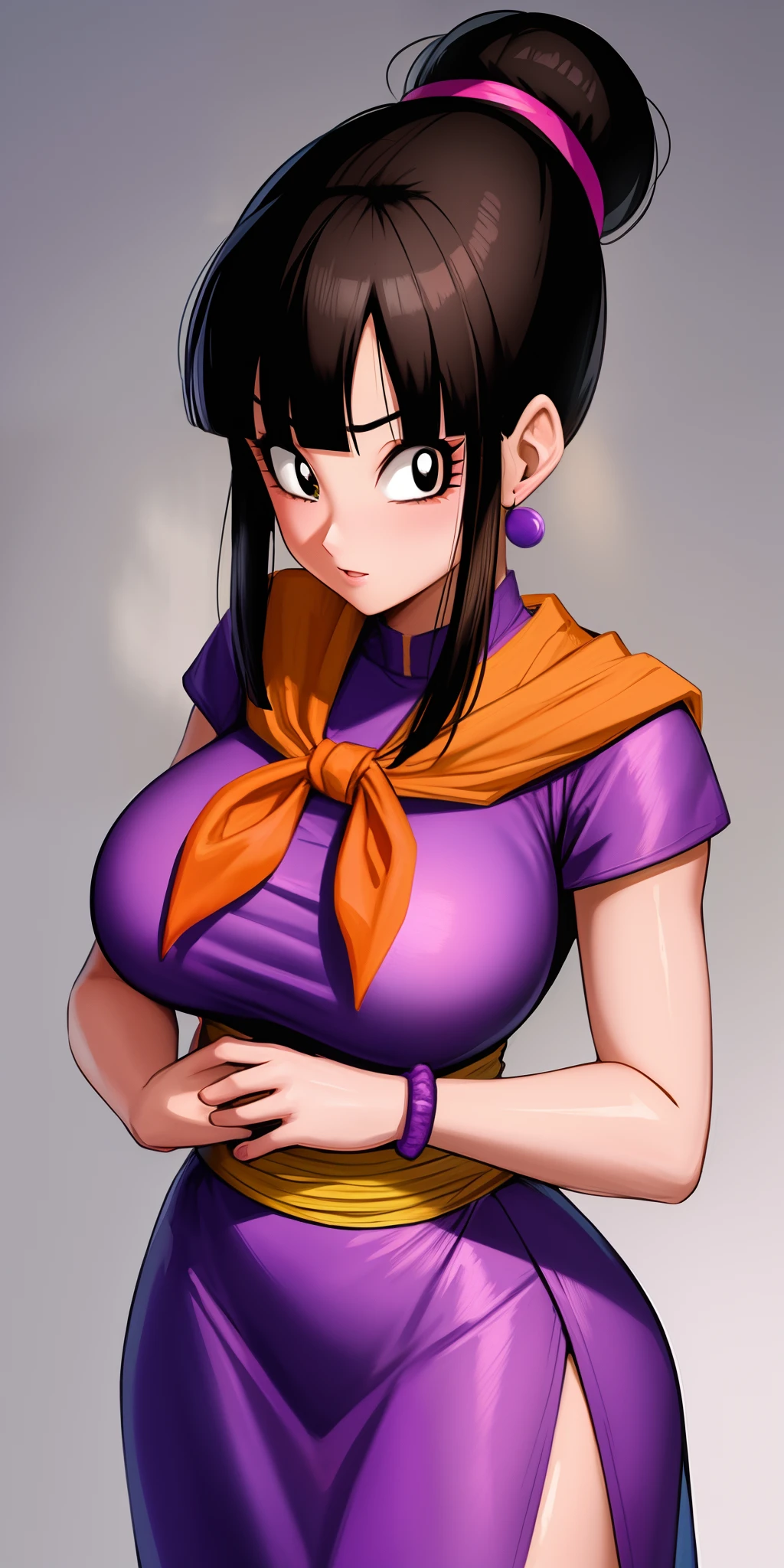 (ultra realistic,32k,RAW photo:1.1),(high detailed skin:1.1), 8k uhd, dslr, high quality, film grain, (makeup, mascara:1.1),(Videl dragon ball :1.4), lips,(thick\lips\), ,(Cyberpunk ruined dungeon ruins alley background :1.4 ), (miniskirt white :1.4), (medias blancas brillantes/pantys:1.4),(japanese white kimono :1.4), 
(shiny glossy translucent clothing:1.4 ), dragon ball, bbchichi, single hair bun, hair bun, (blunt bangs:1.4) , sidelocks, black eyes, earrings,( orange neckerchief:1.4) , orange scarf, purple dress, sleeveless, bracelet, huge breast, 
(looking at viewer, portrait:1.1),, 
 (busty:1.1) ,  (chubby:0.1),(soft shaded neon light:1.1),dark theme, A very clean and well organized contemporary place, (dynamic cowboy pose), (perfect anatomy :1.4), (Videl dragon ball V2.1), ,( ciberpunk 2.1),( mini skirt white :1.4