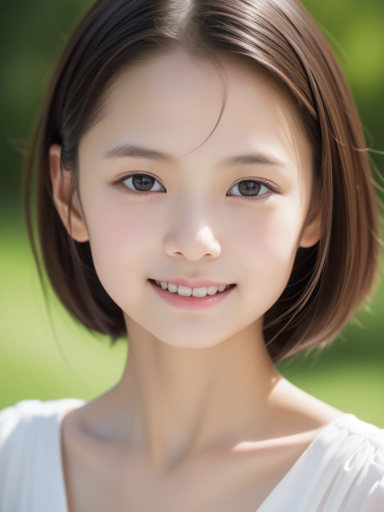 Neat and clean , petite person, (slim,  Flat, Small), A dark-haired, Photorealistic, detail, Detailed skin texture, Ultra Detail, Delicate collarbones, Smile, Super Detailed Face, Detailed lips, Detailed eyes, (10years old girl)、Delicate e、short neck、Professional Photography、(watching at viewers)、silk dresses、f lare、(Unique Beautiful Girl)、30mm prime lens、softfocus、Narrow-eyed、pores、bodyhair