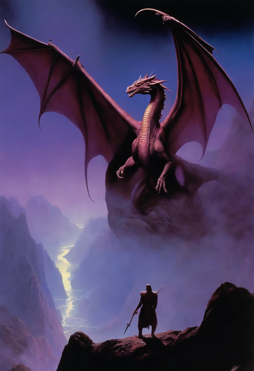 There is a dragon flying through the sky with a purple background, inspirado em Don Maitz, Arte de fantasia dos anos 8 0, Directed by: Don Maitz, Wayne Barlowe detalhou, Arte de fantasia dos anos 1980, estilo de tim branco, Wayne - Barlowe, Directed by: Wayne Barlowe, Estilo de Wayne Barlowe, Wayne Barlowe Greg Rutkowski