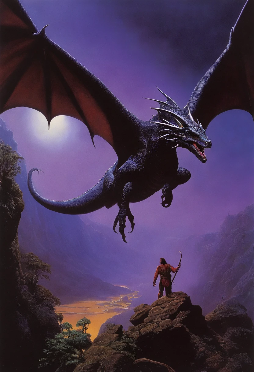 There is a dragon flying through the sky with a purple background, inspirado em Don Maitz, Arte de fantasia dos anos 8 0, Directed by: Don Maitz, Wayne Barlowe detalhou, Arte de fantasia dos anos 1980, estilo de tim branco, Wayne - Barlowe, Directed by: Wayne Barlowe, Estilo de Wayne Barlowe, Wayne Barlowe Greg Rutkowski