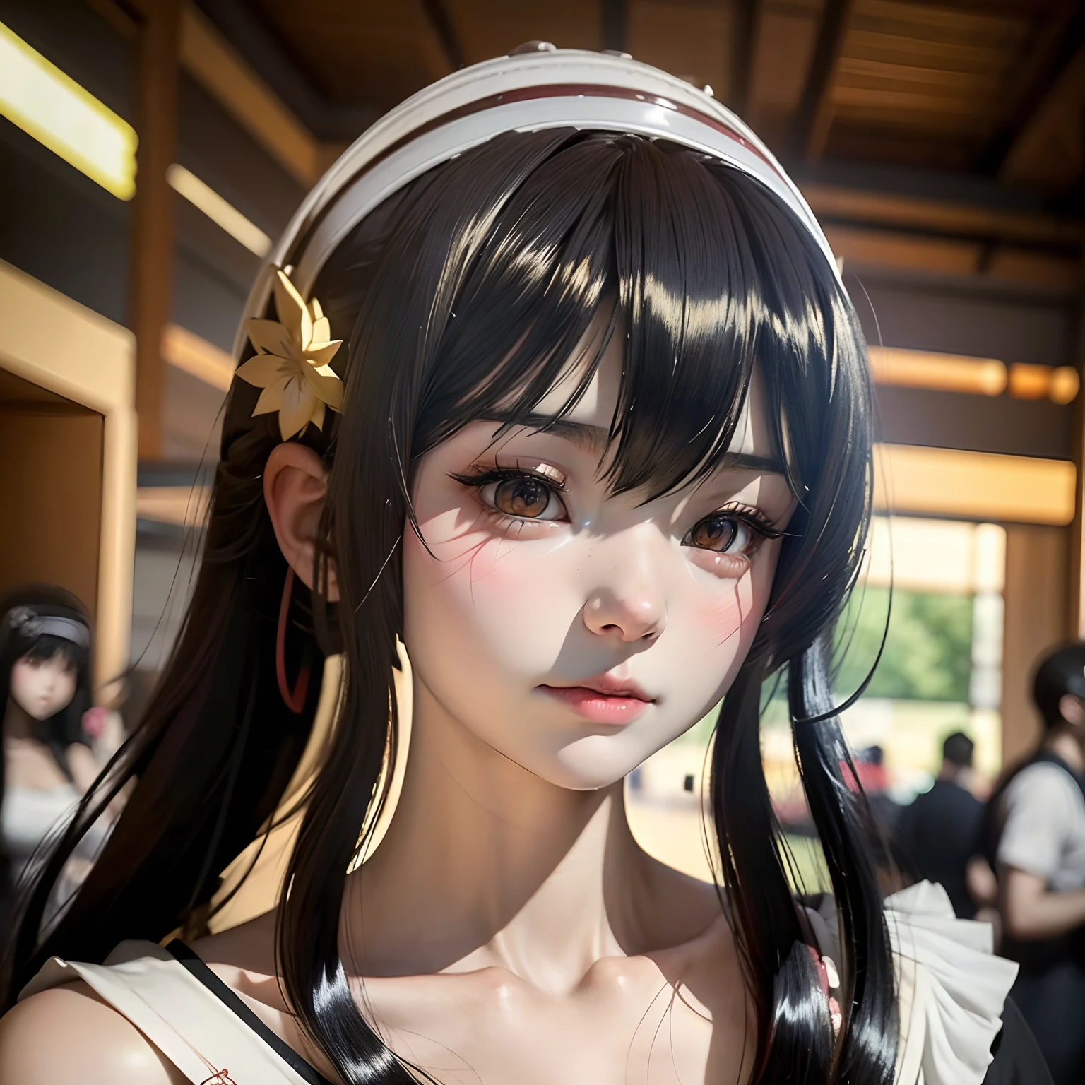 anime girl with long black hair wearing a white shirt and a flower crown, beautiful anime portrait, stunning anime face portrait, beautiful anime girl, kawaii realistic portrait, detailed portrait of anime girl, portrait anime girl, realistic anime 3 d style, realistic young anime girl, realistic anime artstyle, young anime girl, anime realism style, realistic anime art style