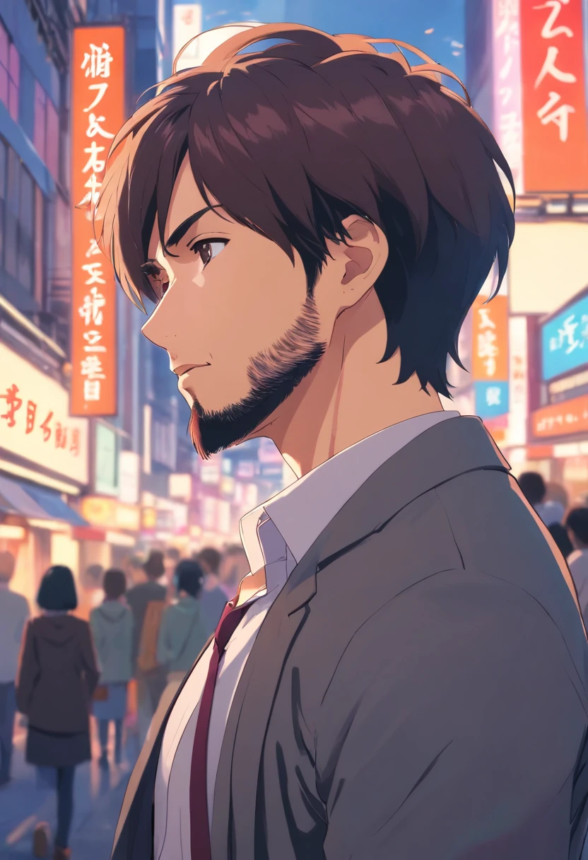 (Front view:1.4),Groomed beard,40-year-old dandy man,profile,Composition of the upper body,Makoto Shinkai's painting style,japanes,Ridicule,A tall man,a beard, Delicate facial features like an actor,Short-haired true black hair, Wearing a purple Y-shirt, Intense muscles, eyes are brown, The city of Shinjuku