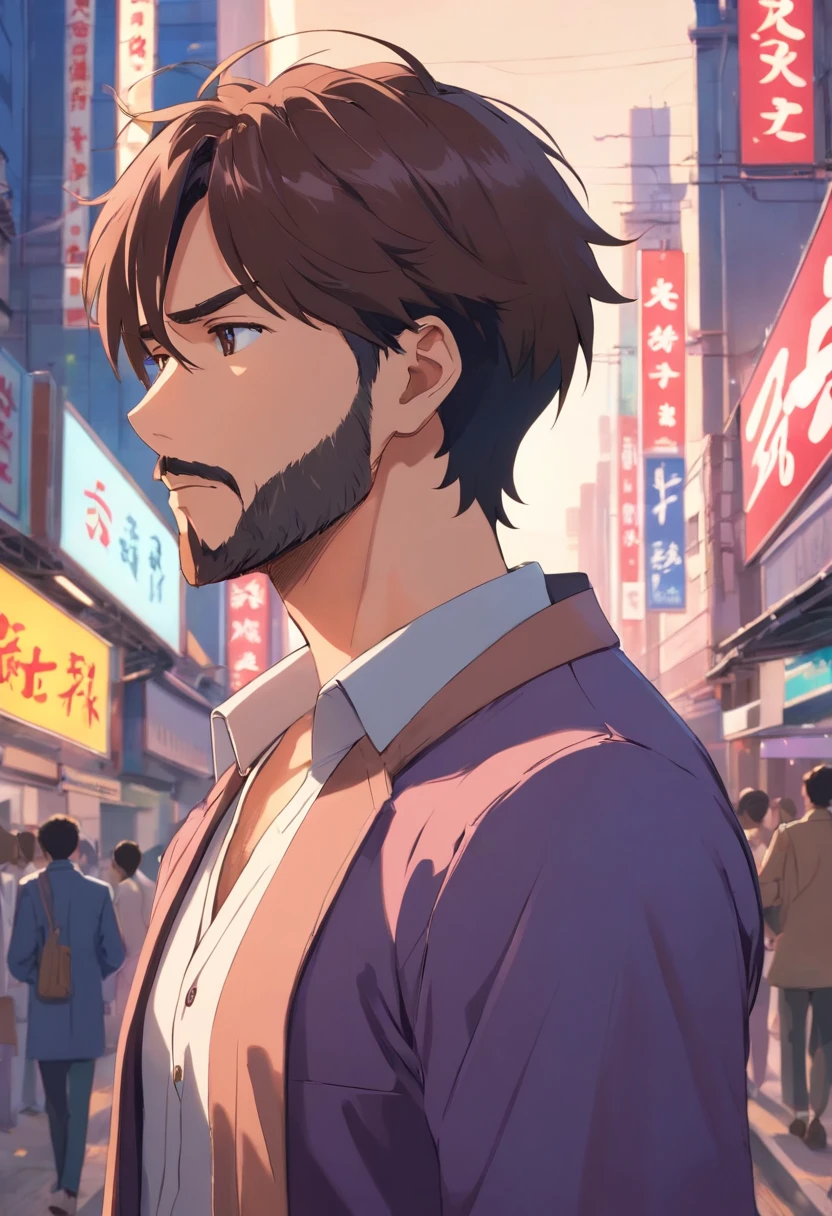 (Front view:1.4),Groomed beard,40-year-old dandy man,profile,Composition of the upper body,Makoto Shinkai's painting style,japanes,Ridicule,A tall man,a beard, Delicate facial features like an actor,Short-haired true black hair, Wearing a purple Y-shirt, Intense muscles, eyes are brown, The city of Shinjuku