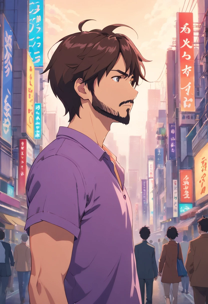 (Front view:1.4),Groomed beard,40-year-old dandy man,profile,Composition of the upper body,Makoto Shinkai's painting style,japanes,Ridicule,A tall man,a beard, Delicate facial features like an actor,Short-haired true black hair, Wearing a purple Y-shirt, Intense muscles, eyes are brown, The city of Shinjuku