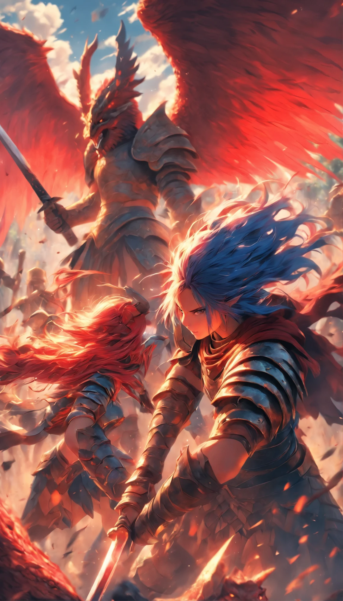 1 girls in armor with long sword, gladiator Blue and red hair fight against devils with, Dragon-like wings hinder clouds and forest, UHD, masterpiece, anatomically correct, high details, super detail, textured skin, best quality, 8k