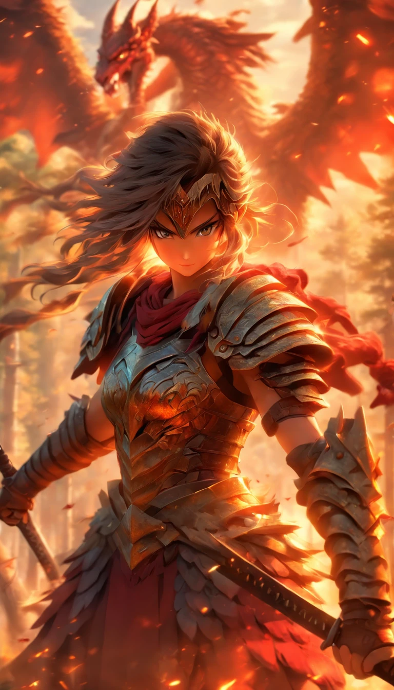 1 girl in full armor with sword, gladiator fighting against devils with, Dragon-like wings hinder clouds and forest, UHD, masterpiece, anatomically correct, high details, super detail, textured skin, best quality, 8k