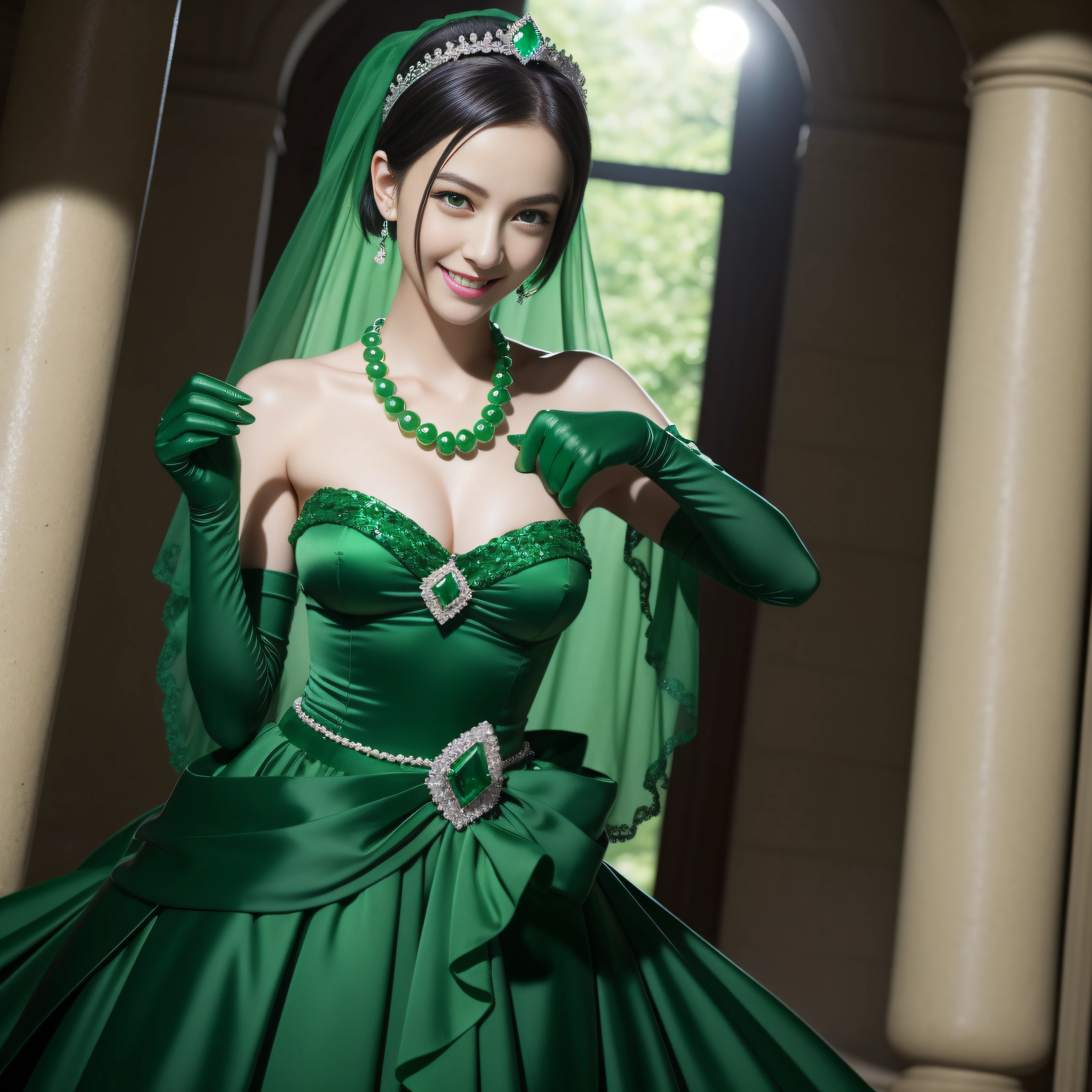 emerald tiara, Green Pearl Necklace, Boyish very short black hair, lipsticks, Japan woman smiling, very very short green hair, big breasts beautiful, Green eyes, Long green gloves made of satin material, Green eyes