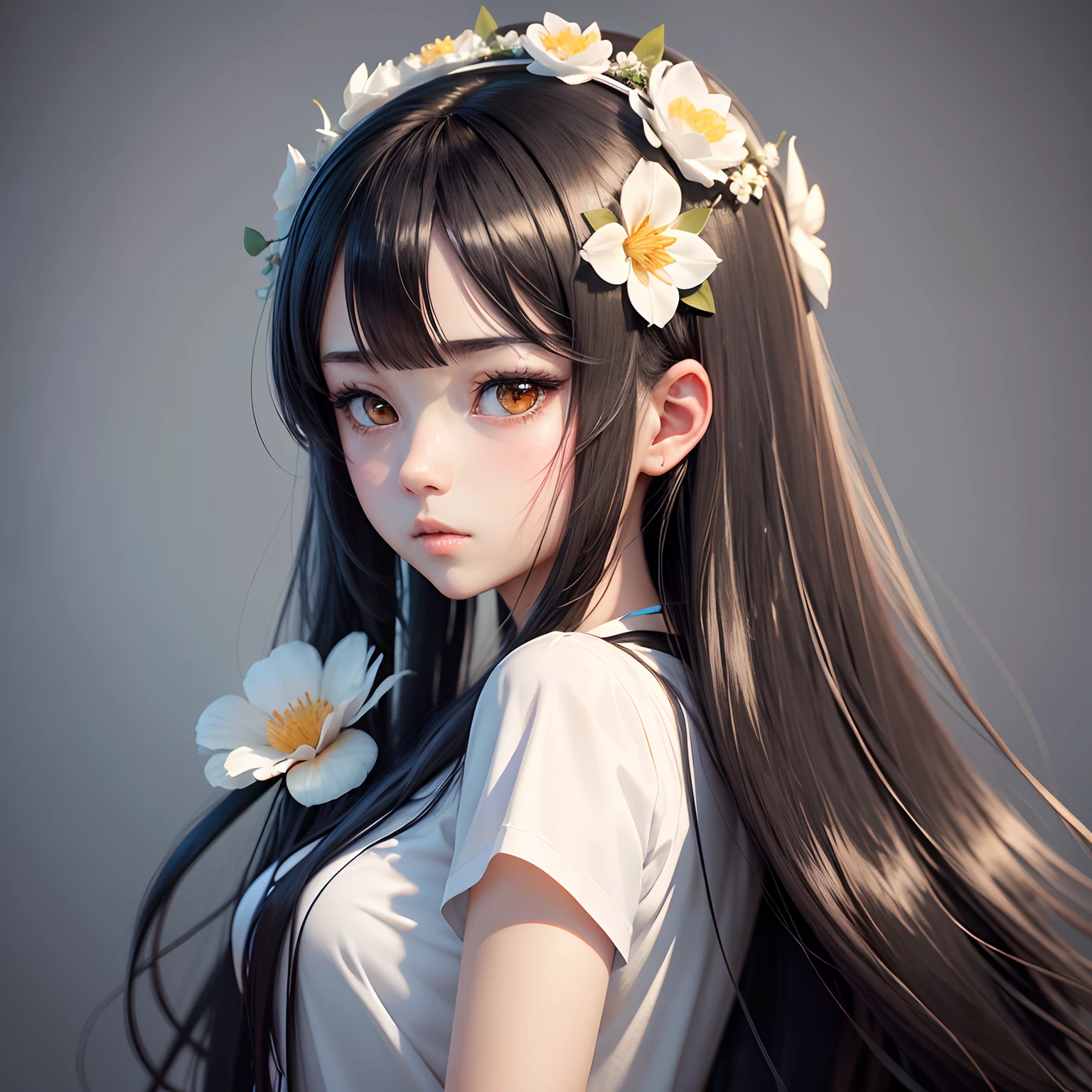 indonesian girl with long black hair wearing a white shirt and a flower crown, beautiful girl portrait, stunning anime face portrait, beautiful realsm girl, kawaii realistic portrait, detailed portrait of Indonesian girl, portrait Indonesian girl, realistic 3 d style, realistic young girl, realistic artstyle, girl, Indonesian realism style, realistic girl art style