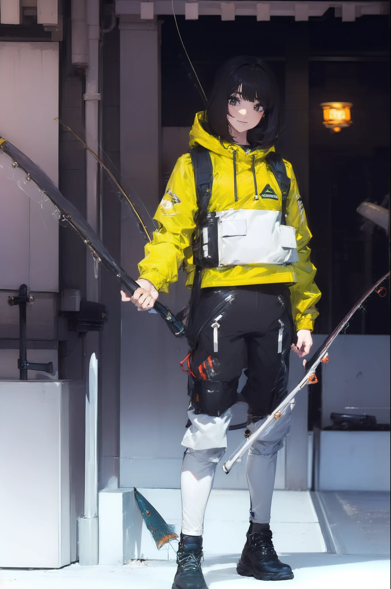 ((((Have a fishing rod with a reel:1.5)))),((Female 28 years old)),((Best Quality:1.5)),(((Fine fingers、Ratio 4 fingers and 1 thumb,detailed arms,detailed human hands))),(((Hands with the correct number and structure of fingers:1.4))),((Lakeside:1.37)),hight resolution,ultra-detailliert,​masterpiece,best qualtiy,(Eight-headed body),(1 fishing rod,Holding a fishing rod in your hand,Fishing lure rod,Fishing Reel,with long sleeve hood,Outdoor Vest,parka,Long pants for fishing,Big backpack),thin and long legs,Beautiful hip line,Beautiful spine,constricted back,Toned waist,beutiful breast),,Gentle smile,shiny lip,(1 fishing rod,Straight stretch fishing rod,Long fishing rod,Woman fishing with fishing rod in hand),Black hair, long eyeslashes, Solid Circle Eyes, drop shadow, Atmospheric perspective,Super Detail, ccurate, small brest,top-quality, blurry backround, bokeh dof:1.2, (​masterpiece:1.3), Atmospheric perspective,Super Detail,dynamic compositions, Ultra High Quality,