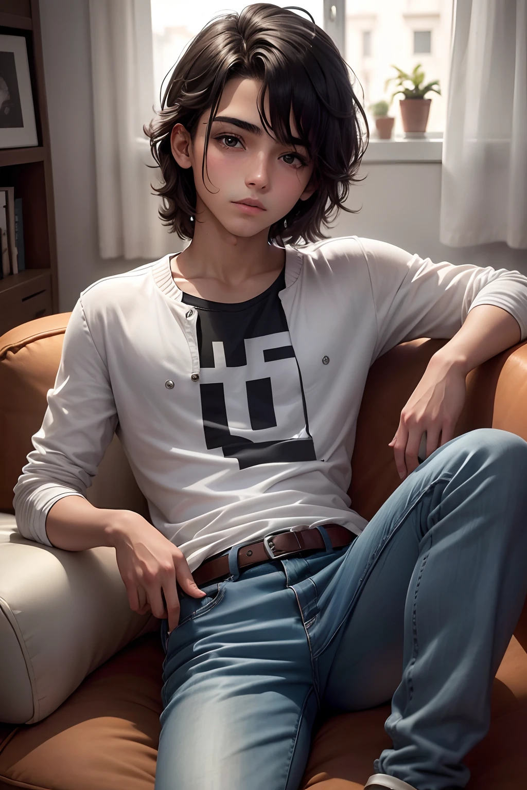 (Un joven adolescente guapo) con cabello color plateado ojos grises