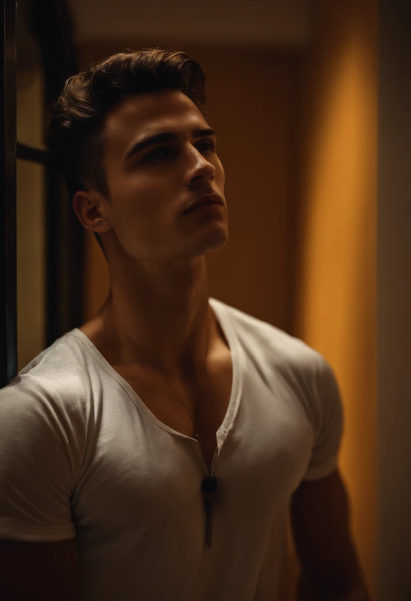 Homem branco jovem, bonito sem blusa, apenas toalha na cintura. em frente a uma porta, em um apartamento. It should be night with good lighting.