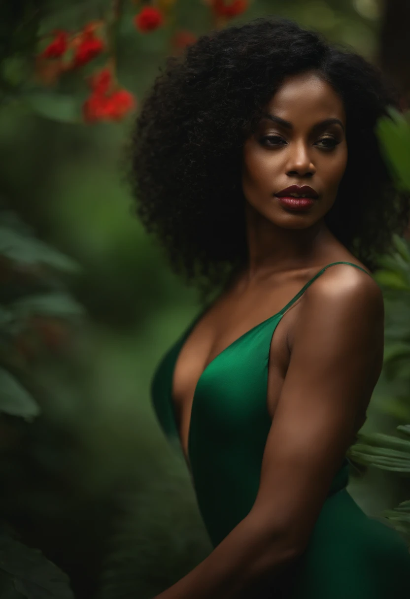 Mulher negra, cabelos lisos, delicate features, com a boca carnuda e vermelha, wearing a green bra and thong, em uma floresta.