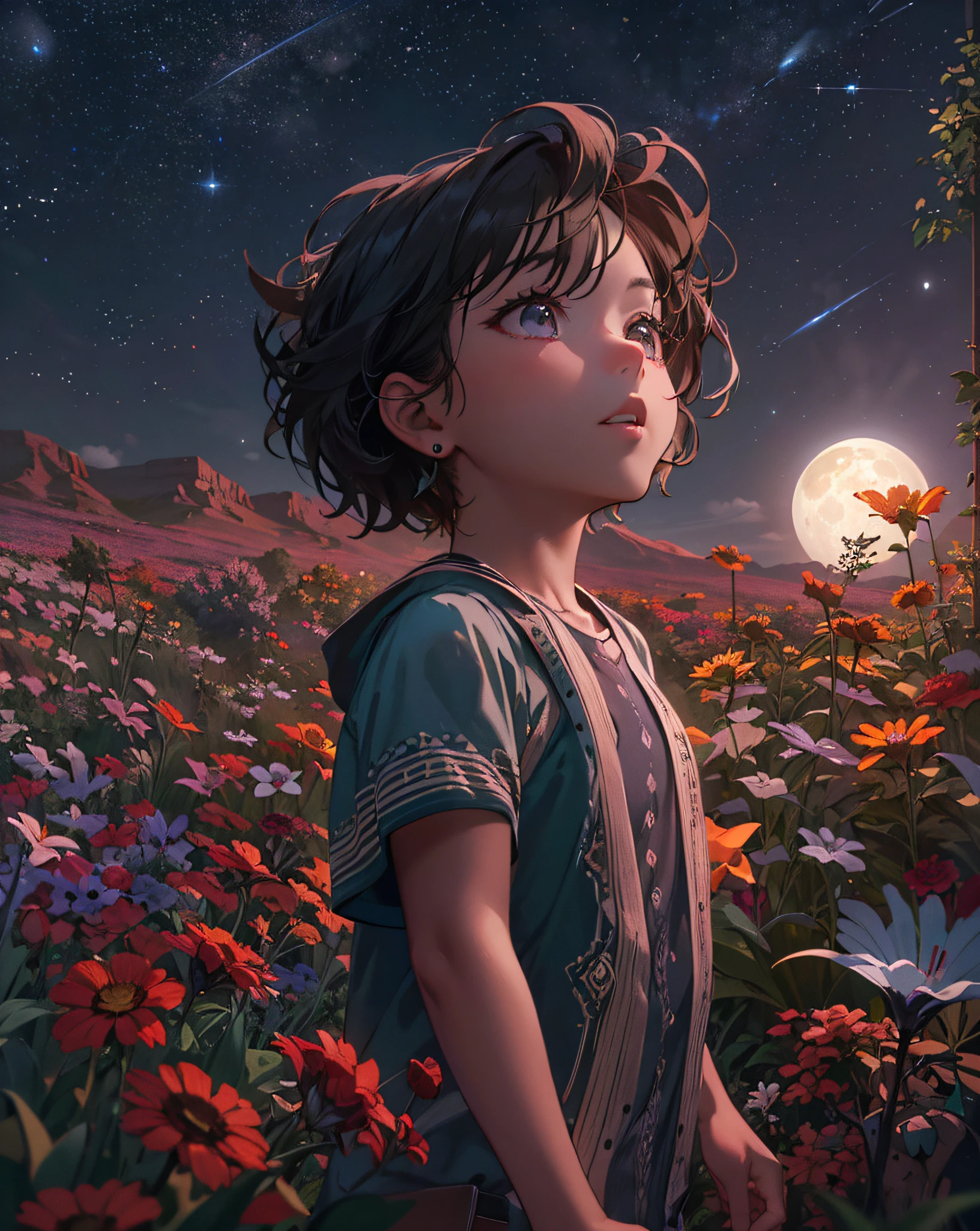 Expansive landscape photograph, (view from below with a view of the sky and wilderness below), little girl standing in a flower field looking up, (full moon: 1.2), (shooting star: 0.9), (nebula: 1.3), distant mountain, tree break production art, (warm light source: 1.2), (firefly: 1.2), lamp, purple and orange, intricate detail, volume lighting, realism break (masterpiece: 1.2) (Best Quality), 4K, Ultra-Detailed, (Dynamic Configuration: 1.4), Highly Detailed and Colorful Details, (Iridescent Colors: 1.2), (Glowing Lighting, Atmospheric Lighting), Dreamy, Magical, (Solo: 1.2)