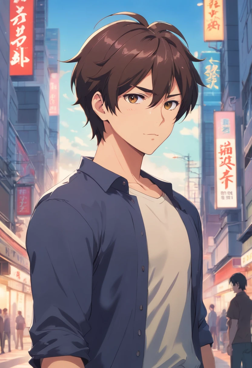 (Front view:1.4),Groomed beard,40-year-old dandy man,Composition of the upper body,Makoto Shinkai's painting style,japanes,Ridicule,A tall man,a beard, Delicate facial features like an actor,Short-haired true black hair, Wearing a black long-sleeved Y-shirt, Intense muscles, eyes are brown, The city of Shinjuku