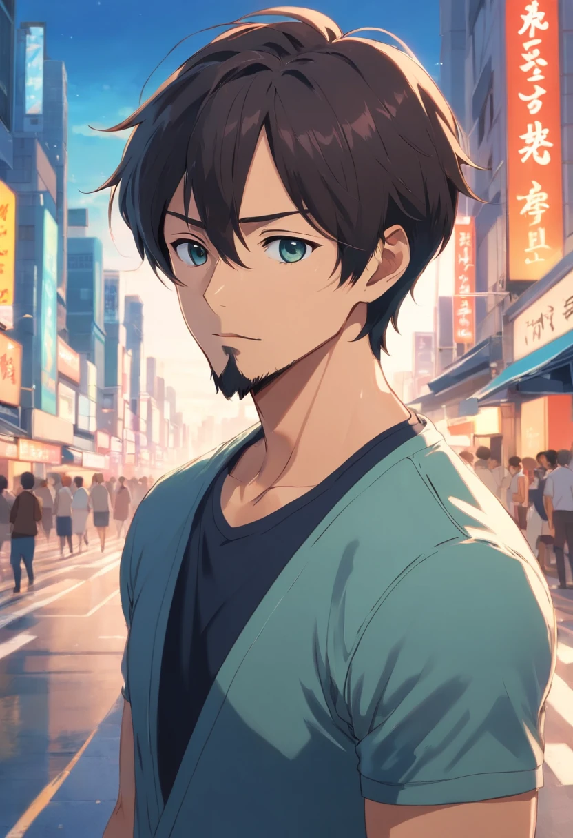 (Front view:1.4),Groomed beard,40-year-old dandy man,Composition of the upper body,Makoto Shinkai's painting style,japanes,Ridicule,A tall man,a beard, Delicate facial features like an actor,Short-haired true black hair, Wearing a black long-sleeved Y-shirt, Intense muscles, eyes are brown, The city of Shinjuku