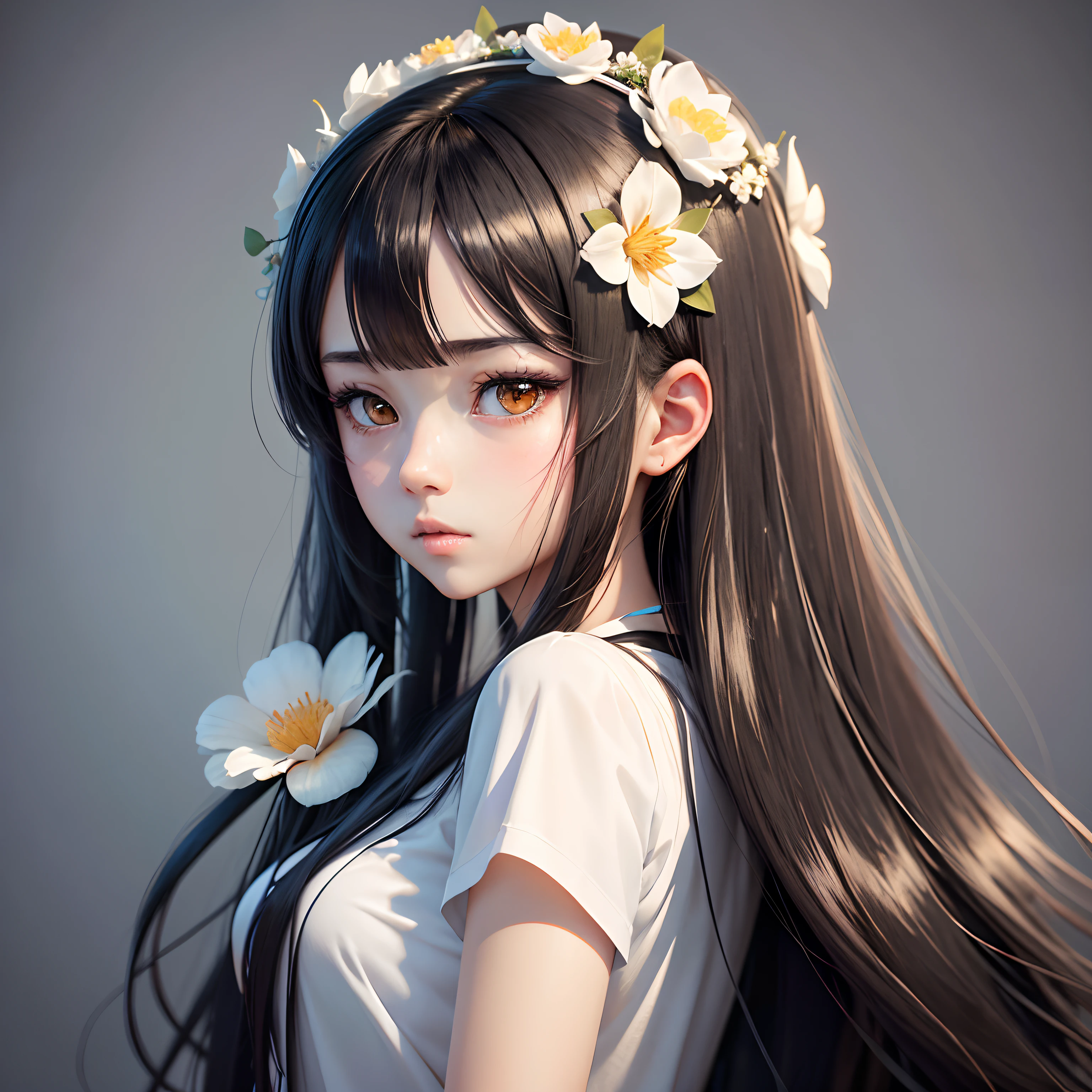 anime girl with long black hair wearing a white shirt and a flower crown, beautiful anime portrait, stunning anime face portrait, beautiful anime girl, kawaii realistic portrait, detailed portrait of anime girl, portrait anime girl, realistic anime 3 d style, realistic young anime girl, realistic anime artstyle, young anime girl, anime realism style, realistic anime art style