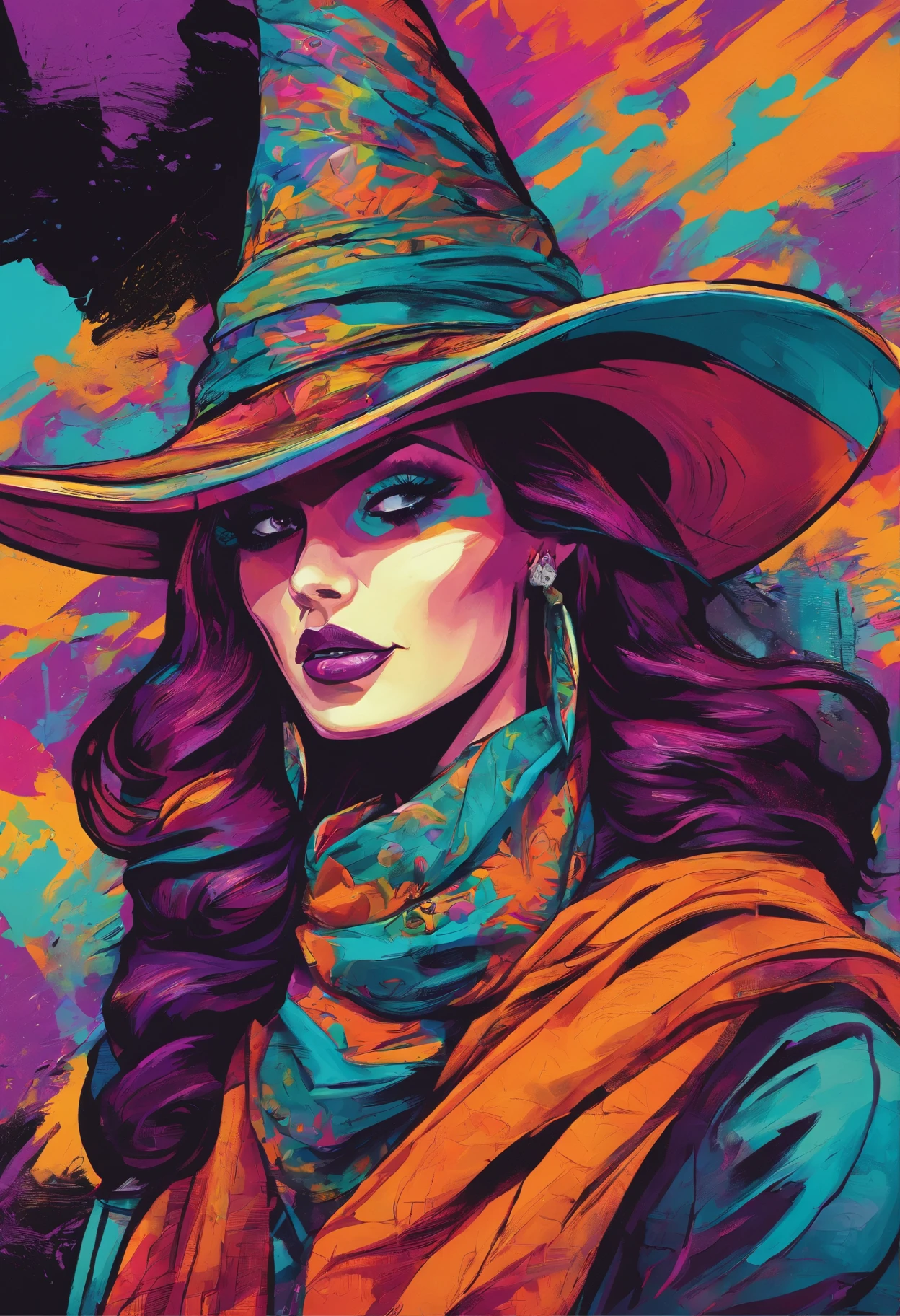 a painting of a witch wearing a big witch hat and scarf, trending in the art station, dressed in punk clothes, detailed hyper realistic rendering, street style, intimidating pose, planet of the world, clothes with Halloween fashion, west slavic features, 8 1 5, animations