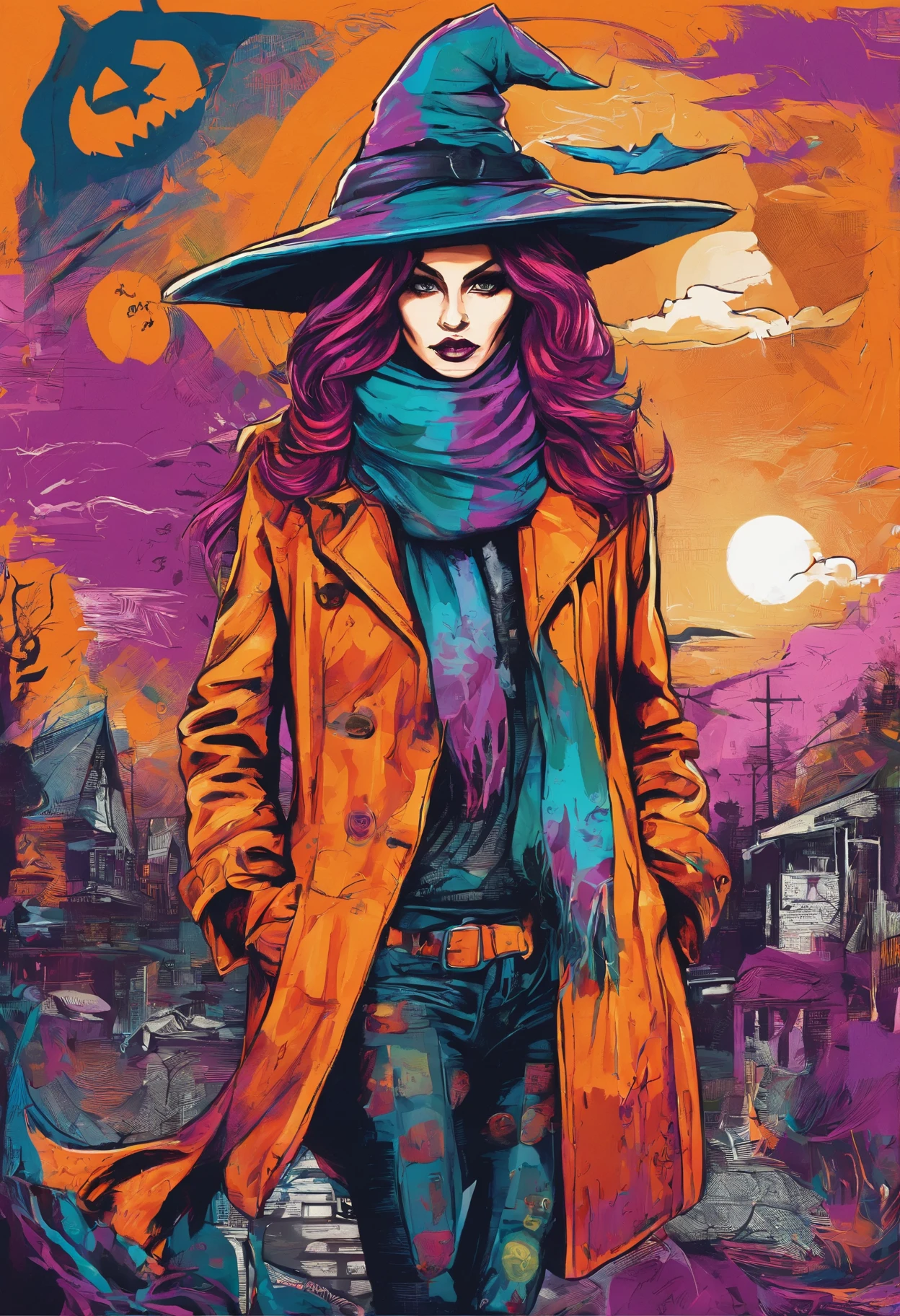 a painting of a witch wearing a big witch hat and scarf, trending in the art station, dressed in punk clothes, detailed hyper realistic rendering, street style, intimidating pose, planet of the world, clothes with Halloween fashion, west slavic features, 8 1 5, animations