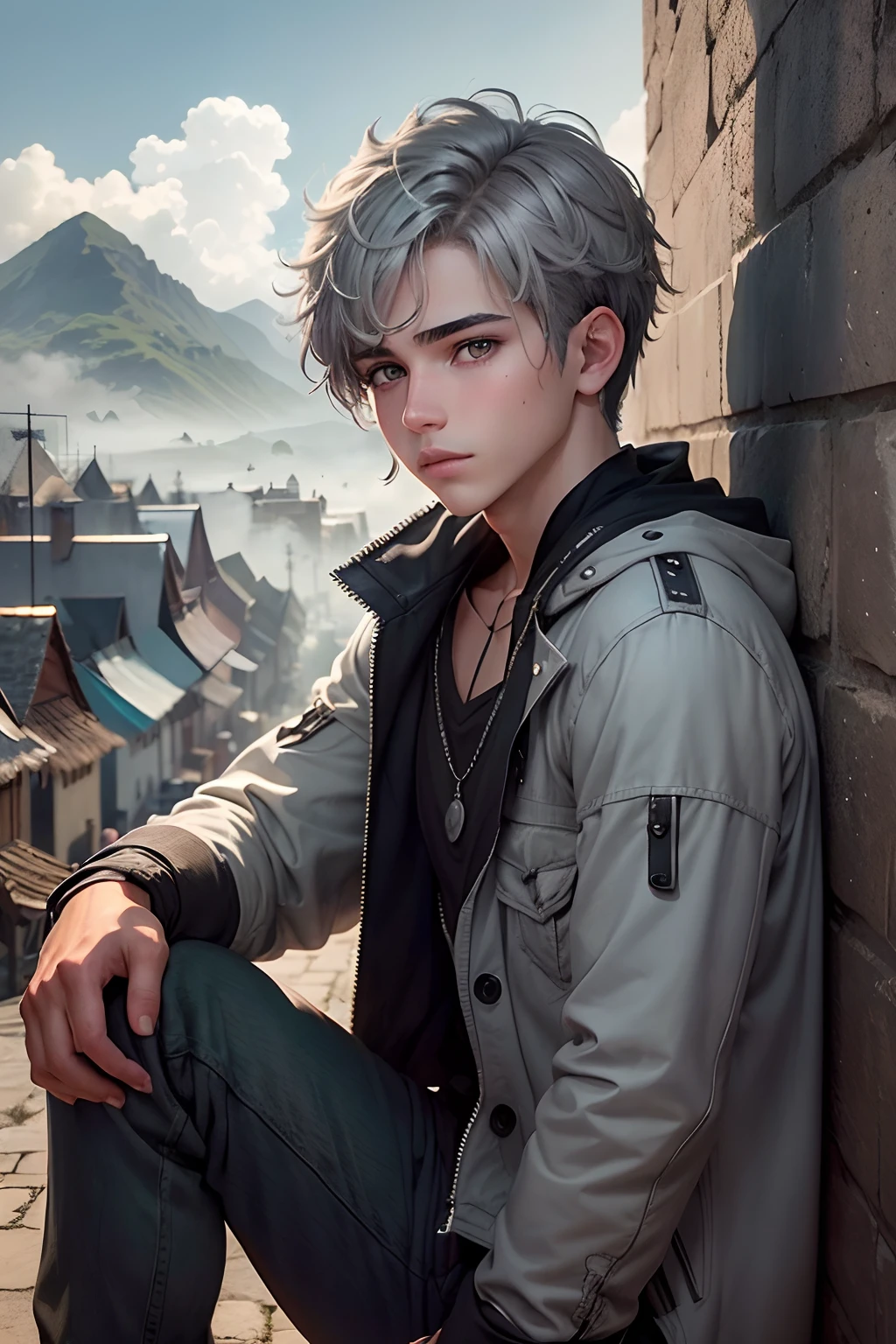 (Un joven con cabello gris plateado, Grey eyes in the background looks a village and green mountains fog and clouds come down from the handsome teenage sky) con cabello color plateado ojos grises