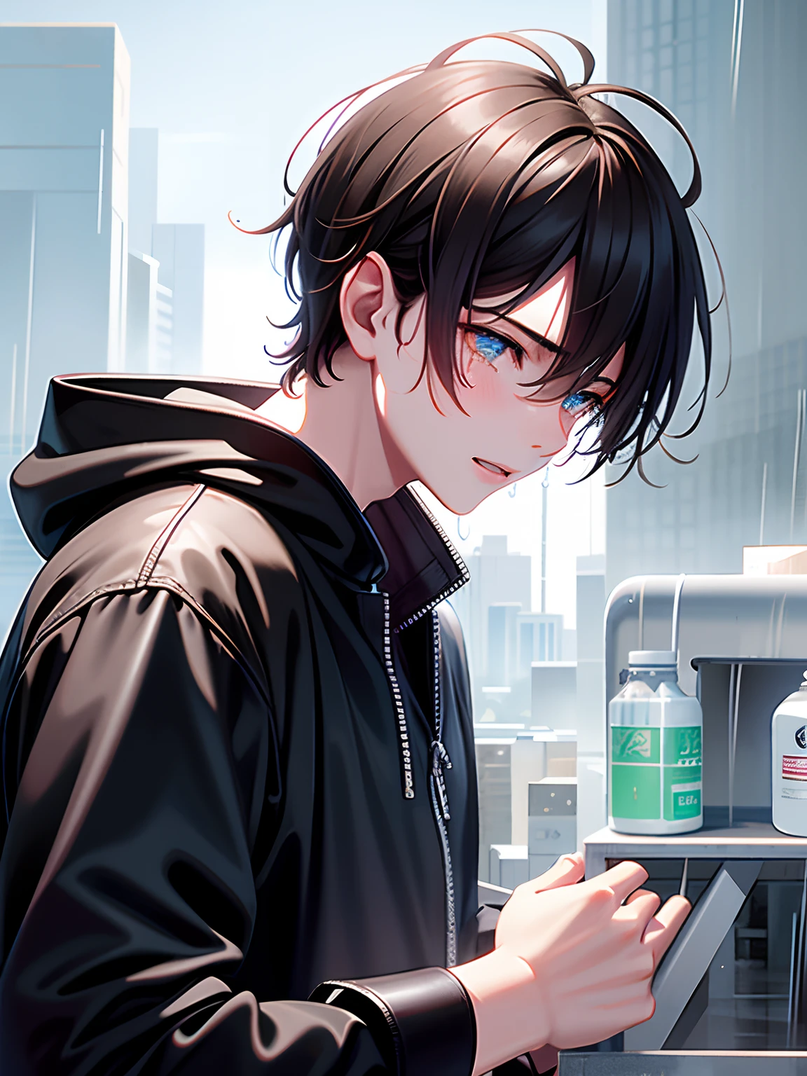 a ager male, cry for love, on the top of the building, heavy rain drop down, wet clothes, wet hair, clear face, lonely, tearing up, eye reflection, streaming tears, tears, ray tracing, reflection light, chiaroscuro, cinematic lighting, close-up, masterpiece, best quality, high details, highres, ccurate, textured skin, high quality, UHD, HD