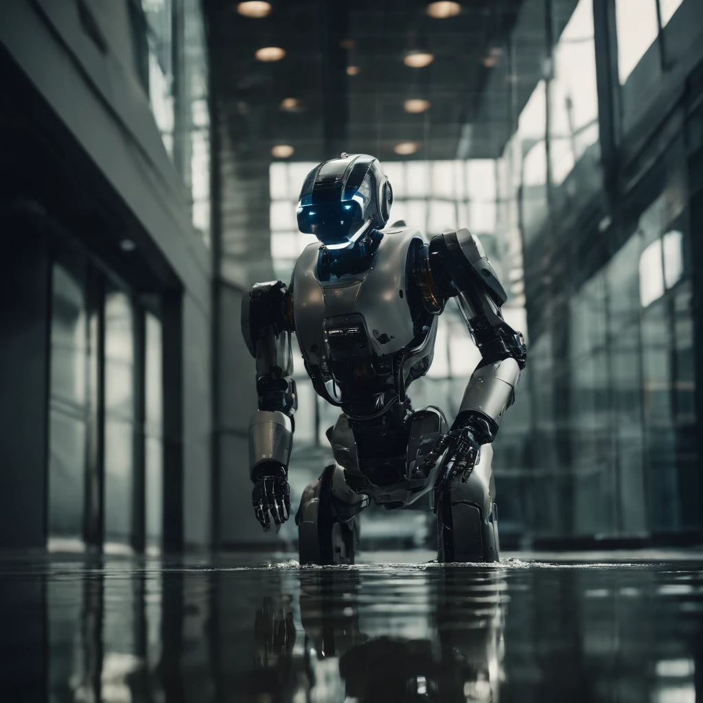 a close - up of a robot that is in a building made of glass walls and water, in the style of the film Elysium : : wide shot :: ultra-realistic :: cinematic --ar 2048:858