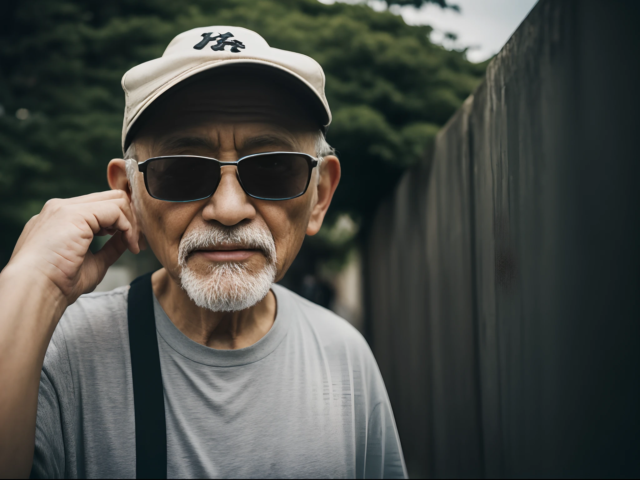 Japan Old Man, male people, 独奏, Black sunglasses, Baseball hat, Facing the front, Terrifying background, crazy, first-person view, Canon, UHD, best quality