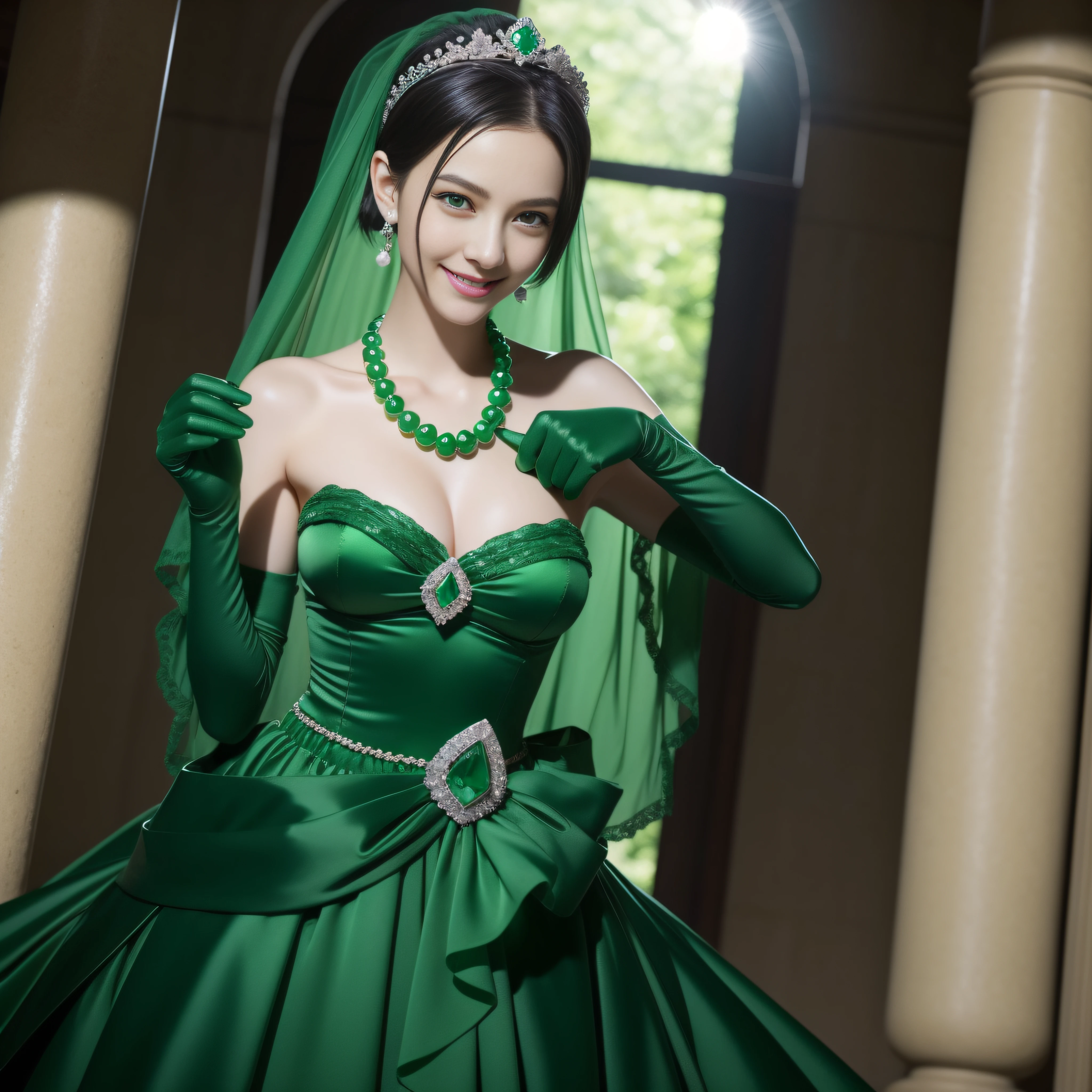 emerald tiara, Green Pearl Necklace, Boyish very short black hair, lipsticks, Japan woman smiling, very very short green hair, big breasts beautiful, Green eyes, Long green gloves made of satin material, Green eyes