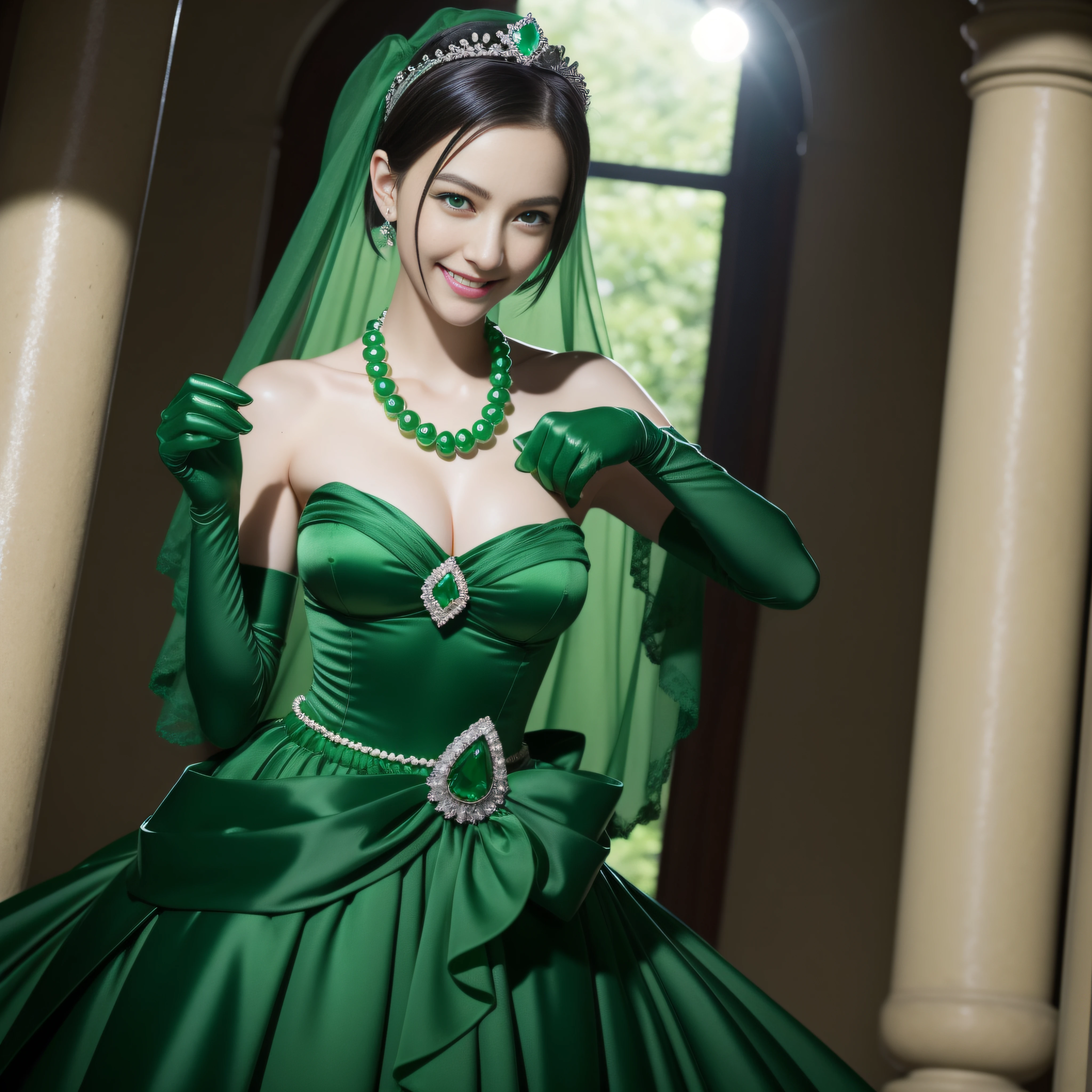 emerald tiara, Green Pearl Necklace, Boyish very short black hair, lipsticks, Japan woman smiling, very very short green hair, big breasts beautiful, Green eyes, Long green gloves made of satin material, Green eyes