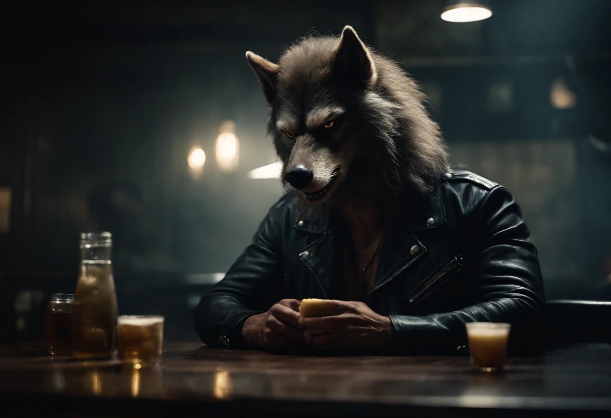 Badass masculine werewolf in a biker jacker, ready to eat a cheeseburger with chopsticks in a smoky, gloomy diner, creature design by Rob Bottin.