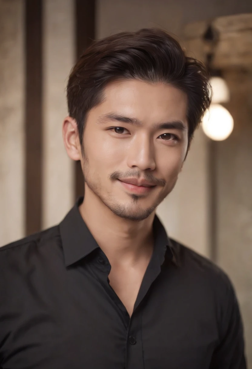 japanes, Gorgeous man in black silk shirt , (beautiful little beard:0.5) , japanes, Sexy Man Executive,a smile,Trendy hairstyles