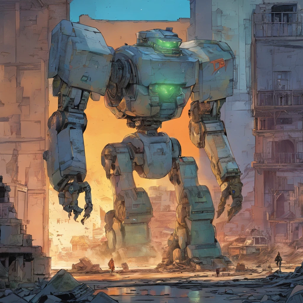 the Giant robot is in moving motion through a ruined building by Zaha Hadid, cinematic, high detail, octane render, studio ghibli --ar 16:9